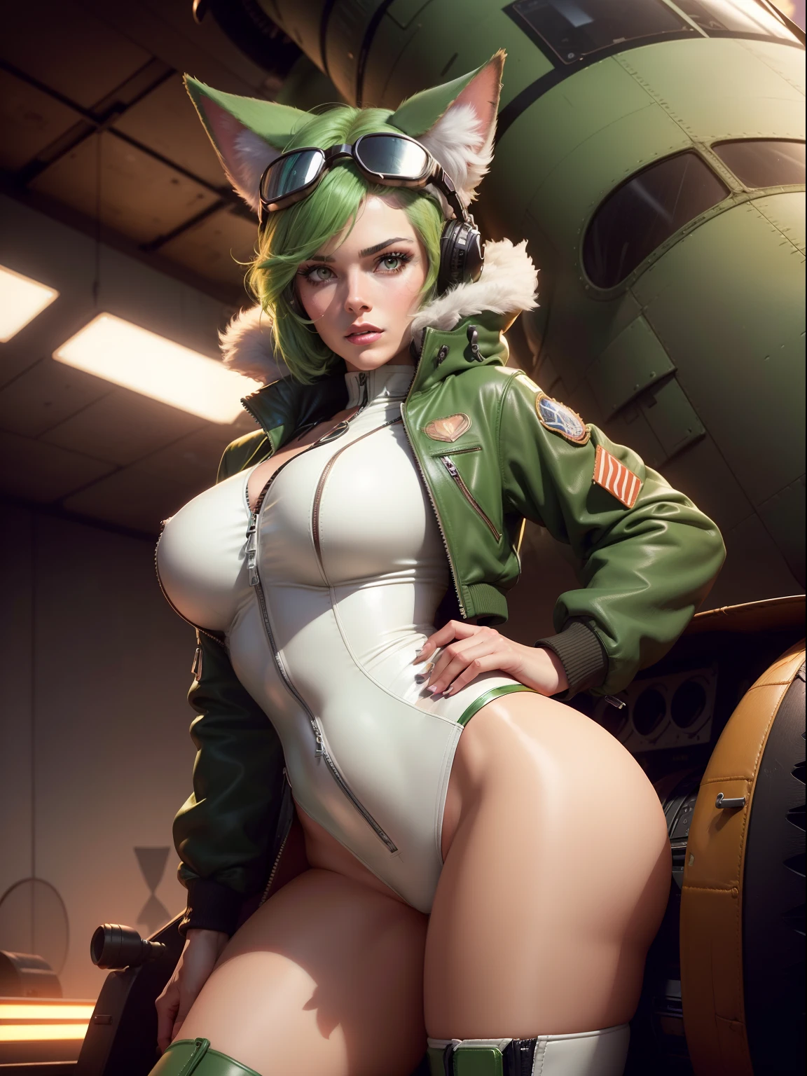 a funny retrowave ((coyote female)), (pure beauty), ((pretty detailed face)), ((she is the center of the image)), wearing a brown world war 2 pilot jacket (leather), a ((white pilot overall with zipper)), and (pilot goggles), ((thight clothes)), david clark headset (green), sexy, slim body, ((green hair)), neon ligthning, full body picture, full head picture, 80s atmosphere, (fur ears), fur tail, retro arcade game vibes, (looking at camera), 8k, ((high resolution)), very detailed, ultra hd, nose art pin up, ((over a background with an old airplane))