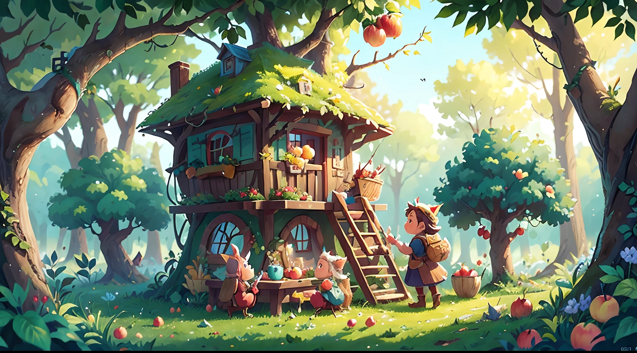 In the orchard,A group of elves picking apples,Behind is a blue sky,There is a tree house next door,k hd,4K,Lots of detail,Rich in color
