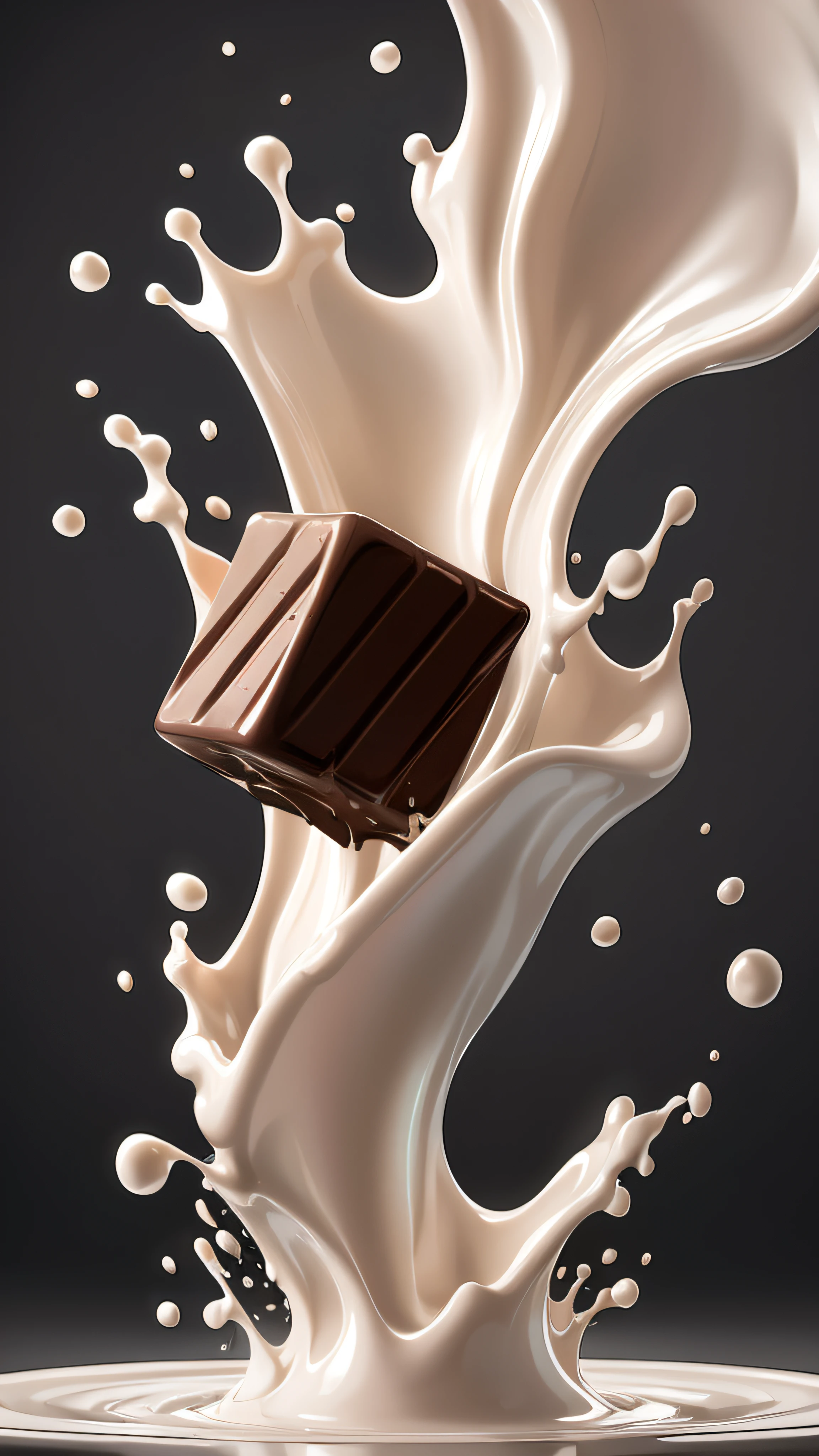 A Chocolate cube falls into the whirlpool of white milk