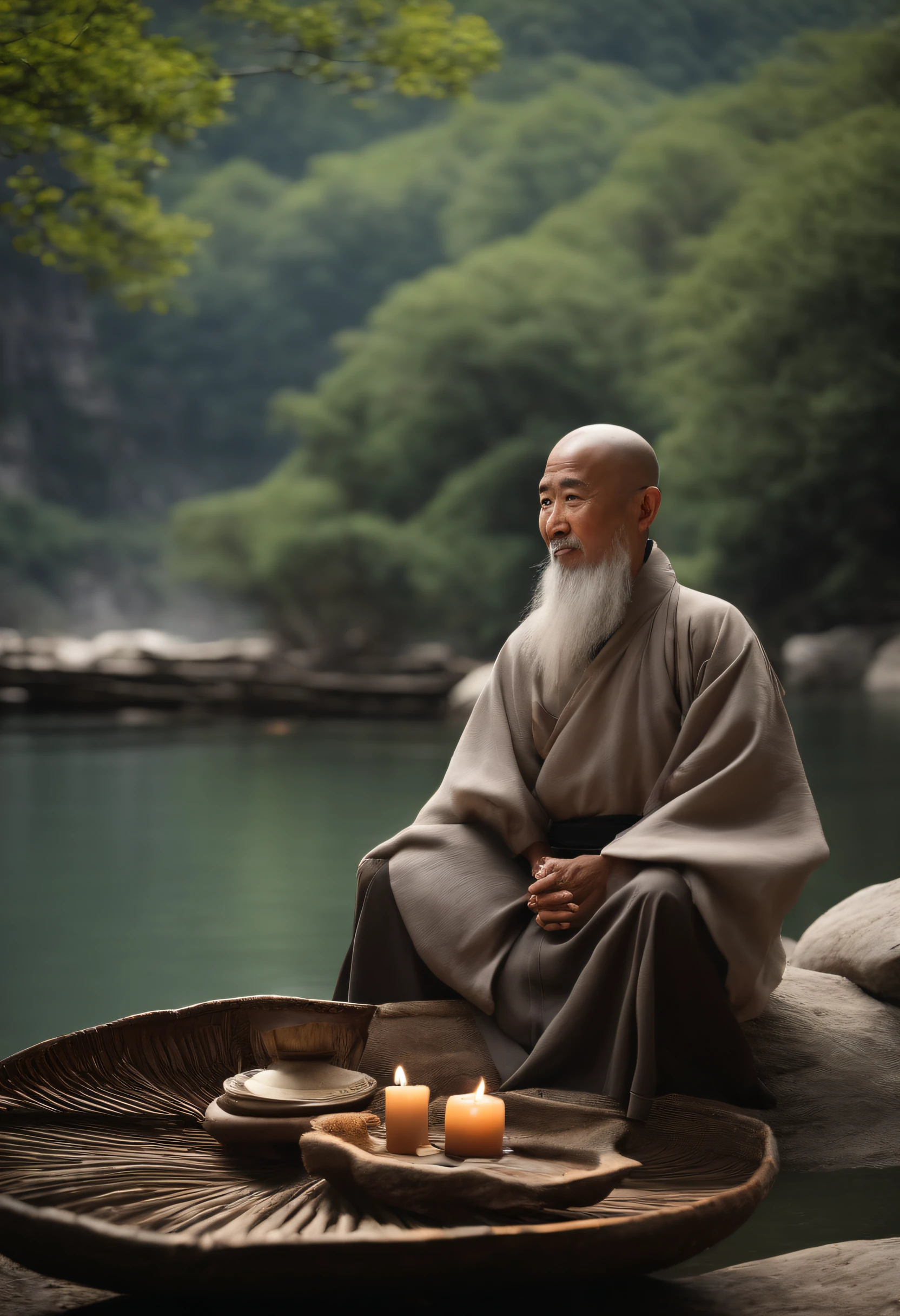 /Imagine an old Zen monk, High-ranking monks, gray robe, with big eyes, Meditate with a smile, Face the camera, Full body photo, frontal photos, The background is alpine running water, Chinese wind, detaileds, Cinematic Light, High quality - AR 3:4[Pictures], 。.3D, surrealism, Cinematic lighting, nffsw, Super Detail, Textured skin, nffsw, ccurate, Textured skin,