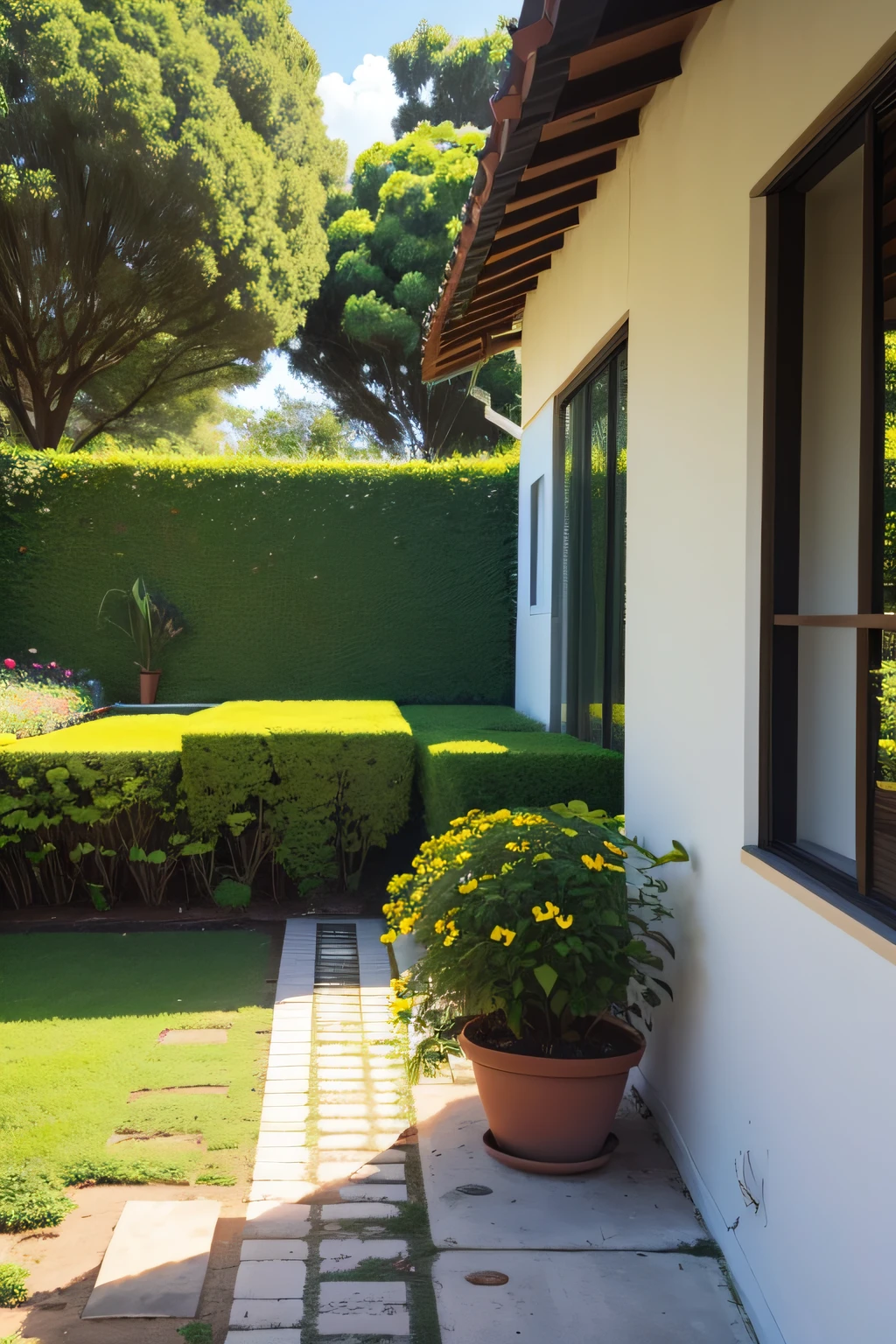 Um jardim de flores no quintal de uma casa simples