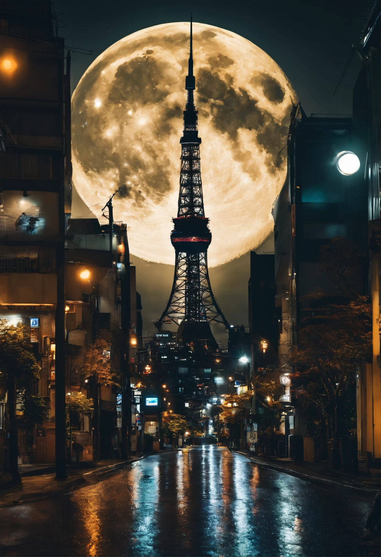 ((Tokyo Tower))Giant crescent moon、high-level image quality、raw、Standing at Tokyo Skytree、20-year-old woman、nighttime scene、Milky Way Galaxy、Andromeda Nebula、tokyo streets、Flowing Lines of Light、Meteor swarm、((Approaching the Moon))