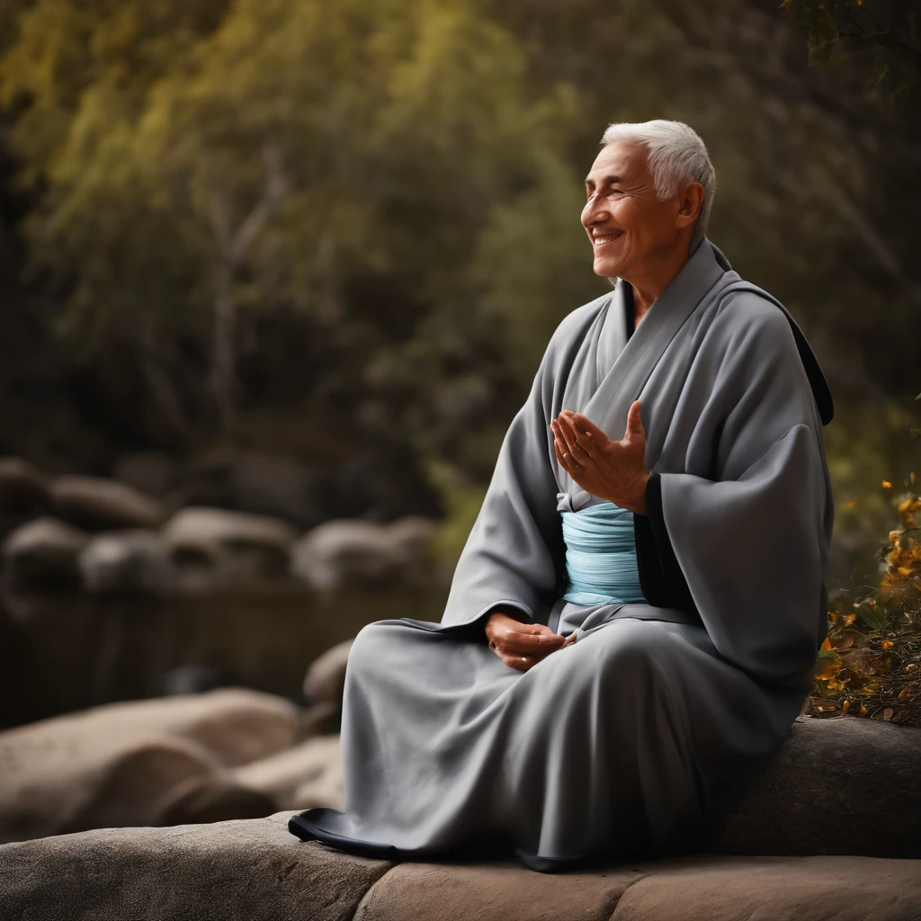 Imagina al viejo monje zen, Un monje de alto rango, gray robe, ojos grandes, Smile and meditate, Face the camera, Foto de cuerpo entero, foto frontal, El fondo es agua alpina que fluye, Viento chino, El detalle, cinematiclight, Alta calidad --ar 3:4[Fotos], 。...3D, surrealismo, cinematic lighting, hiper HD, Super detail, piel texturizada, hiper HD, ccurar, piel texturizada, Detalles altos