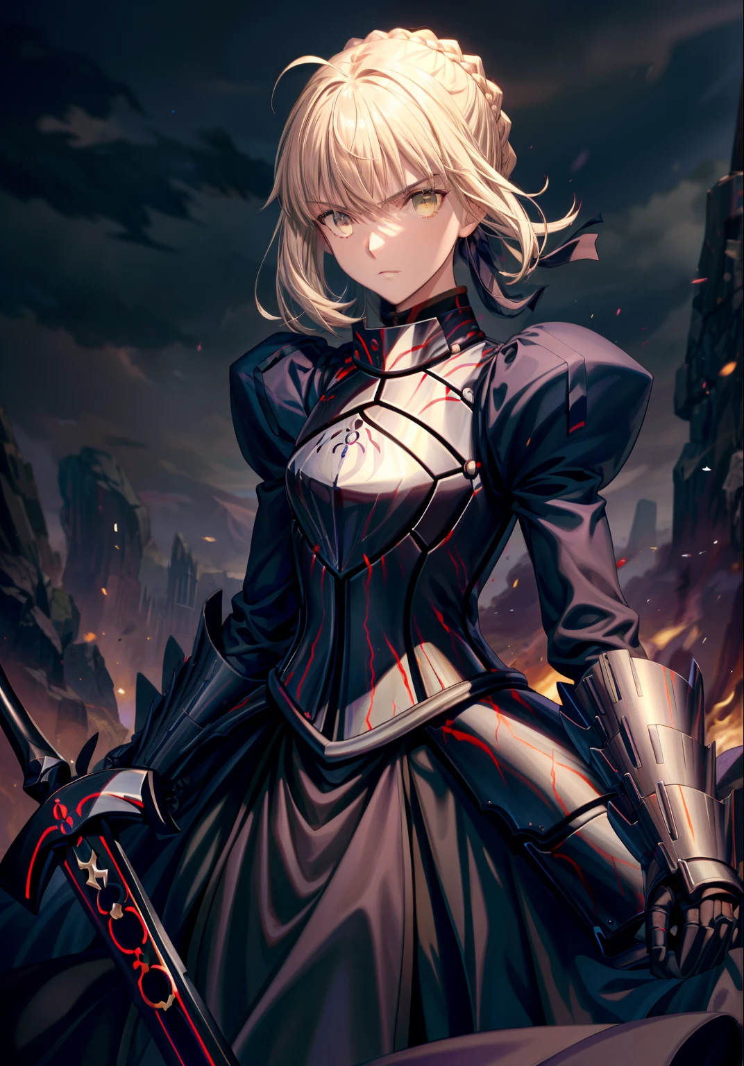 Best quality, Masterpiece, phAlter, phAltoria, 1girll, Solo, Dark weapons, Dark armor dress, Sword of Darkness, view the viewer, Armed with a dark weapon, Dark gloves, Armed with a dark sword, hair between eye, Black dress, chest plate, Black armor, side locks, bangs, french braid, parted lip, Puffy sleeves, Long sleeves, Short hair,