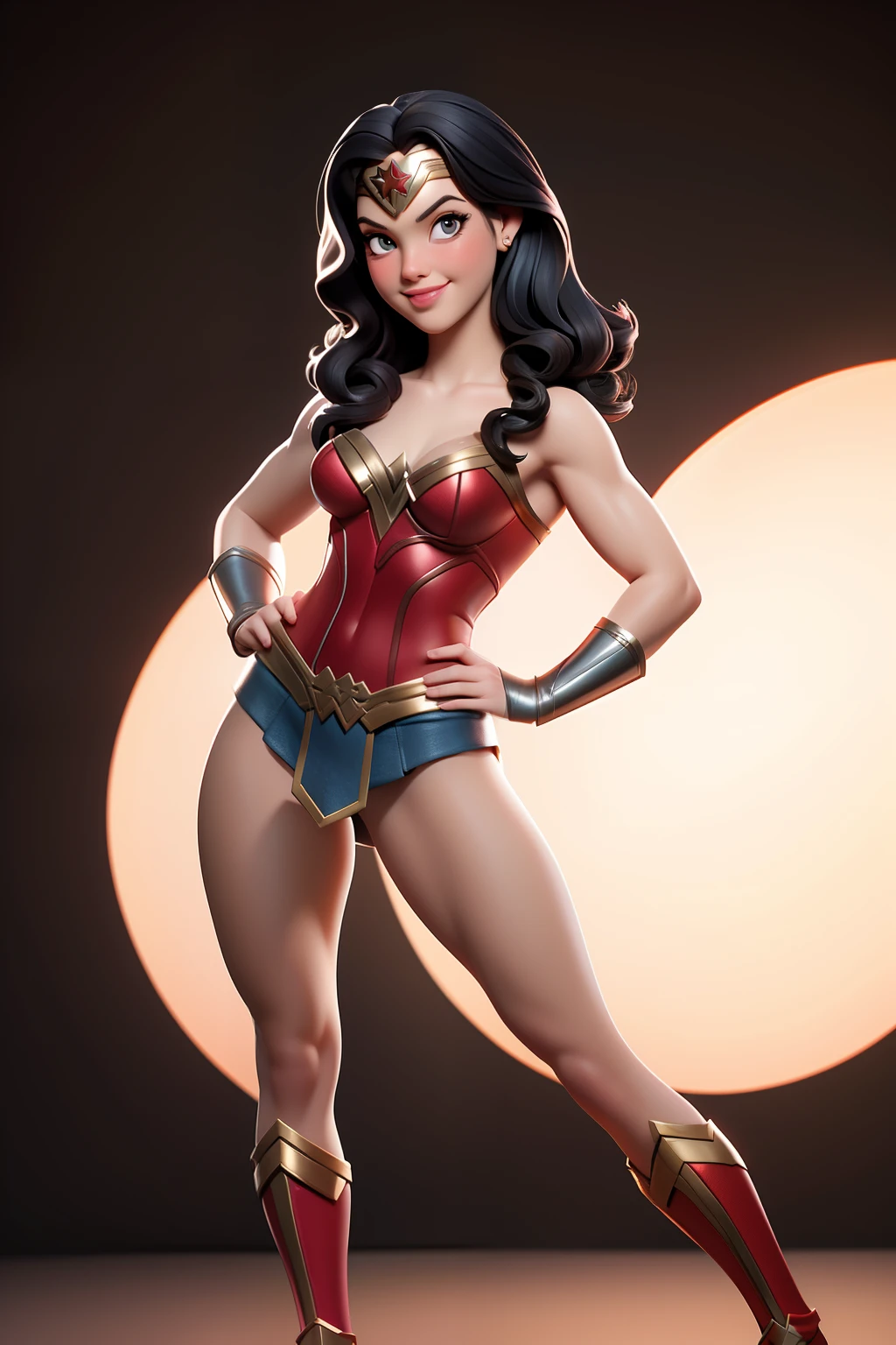 Wonder woman, Portrait photography by Altgarm, realism style, Glowing skin, Cartoon hero, Natural light, Defined lips, Strong physical strength, Feminine body, Full body, viewer, (Smile:1.2), Depth of field f/1.8, studio shot, (((looking in camera))), Camera orientation, ellen von unwerth, (Sexy Pose:1.5)