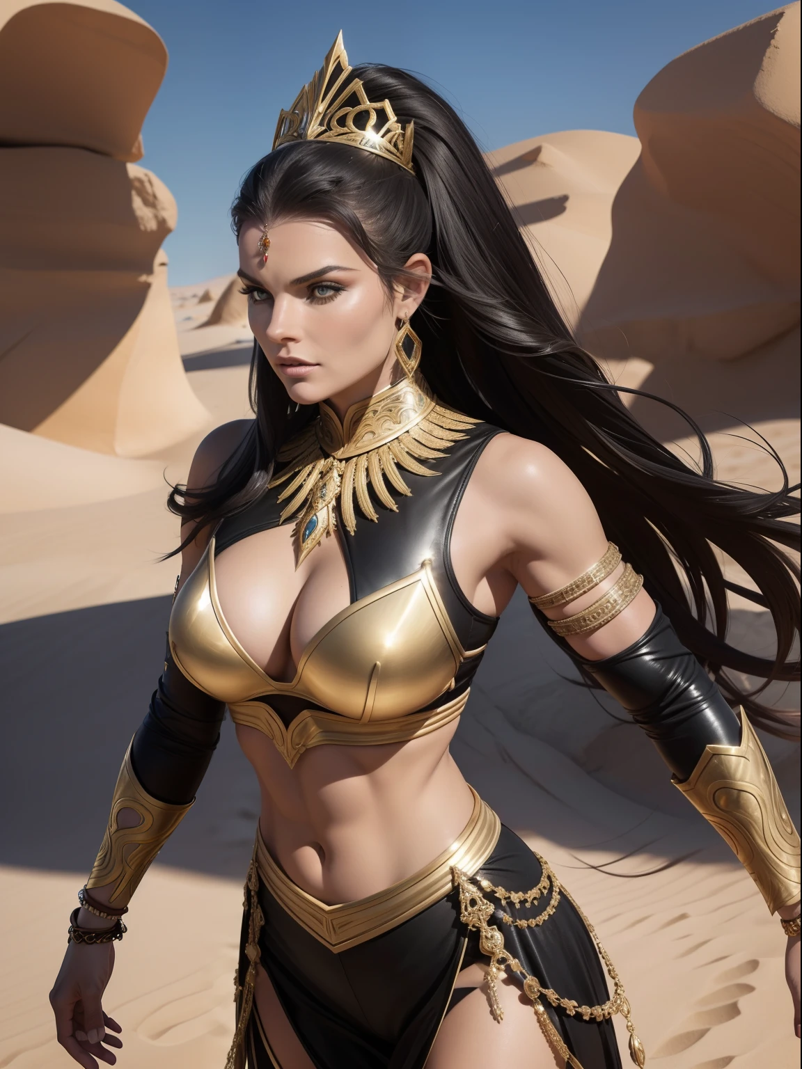 ( dunas do deserto ) Lindsey Vonn with black hair like a MYTHOLOGICAL DIVA in a black leather armor with gold details, golden armlets, braceletes dourados largos, discreta tiara dourada na testa coxas expostas, Arms flexed with clenched fists, look-at-camera , Curvilinear athletic body, looking-into-camera, Musculatura suavemente definida, Front view, perspectiva de corpo inteiro, Realismo 32K