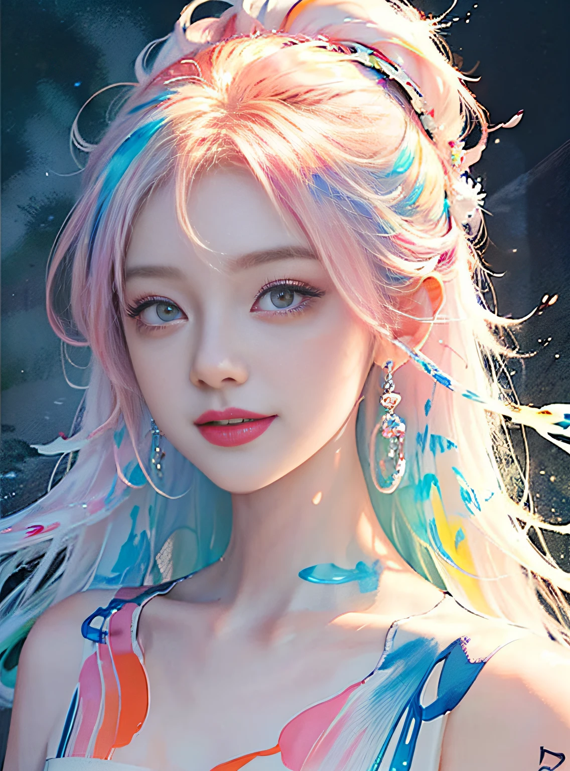 Happy smile when looking at this、18 year old pretty woman、(masterpiece、top-quality、hight resolution)、white backgrounid、((paint splashes、color splashes、Ink splash、color splashes))、、Sweet Asian Girl、rainbow-colored hair、Peach lips、frontage、The upper part of the body