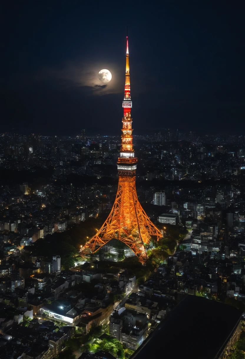 ((Tokyo Tower))Giant crescent moon、high-level image quality、、nighttime scene、Milky Way Galaxy、Andromeda Nebula、tokyo streets、Flowing Lines of Light、Meteor swarm、((Approaching the Moon))、rainy evening、drenching