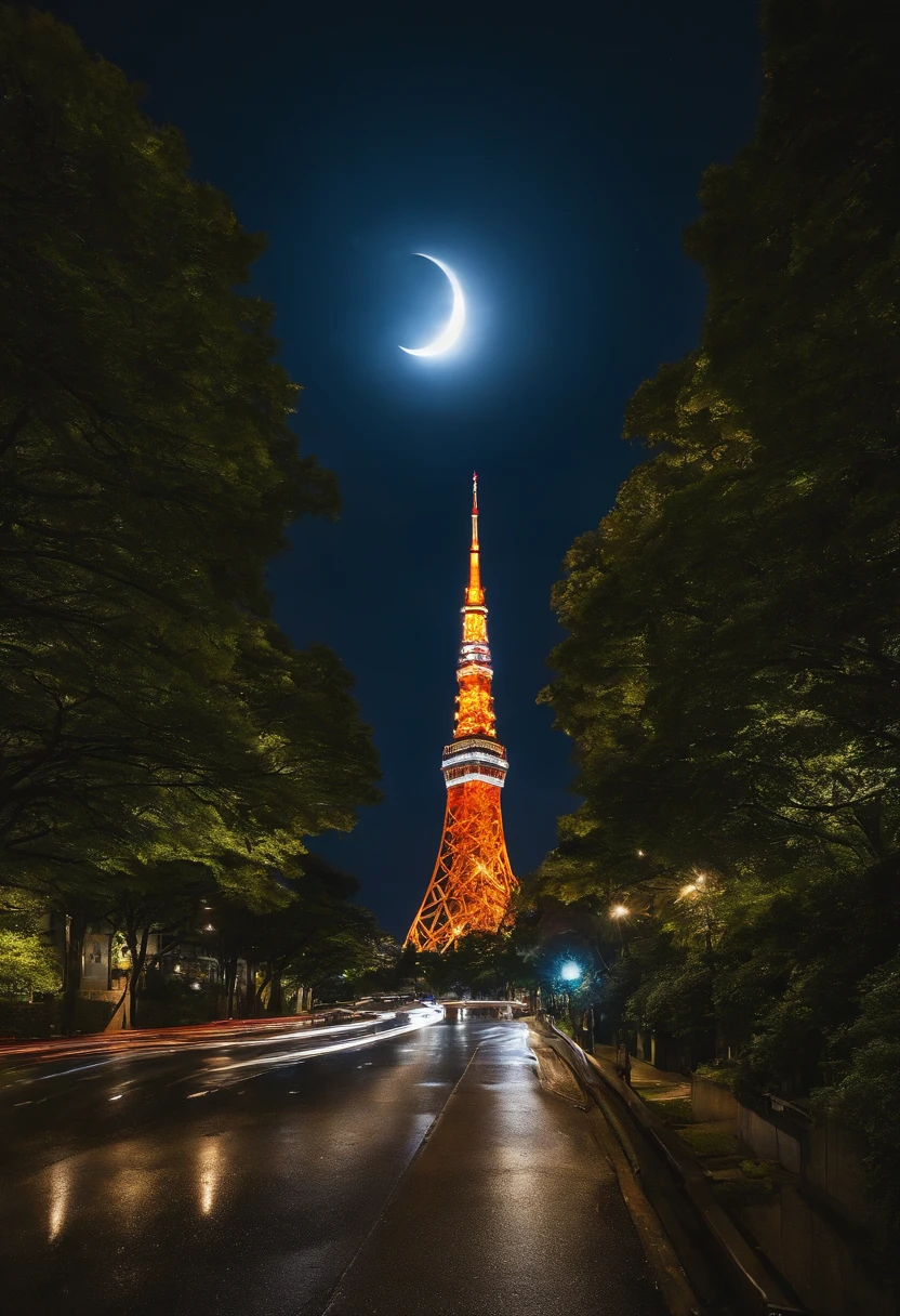 ((Tokyo Tower))Giant crescent moon、high-level image quality、、nighttime scene、Milky Way Galaxy、Andromeda Nebula、tokyo streets、Flowing Lines of Light、Meteor swarm、((Approaching the Moon))、rainy evening、drenching