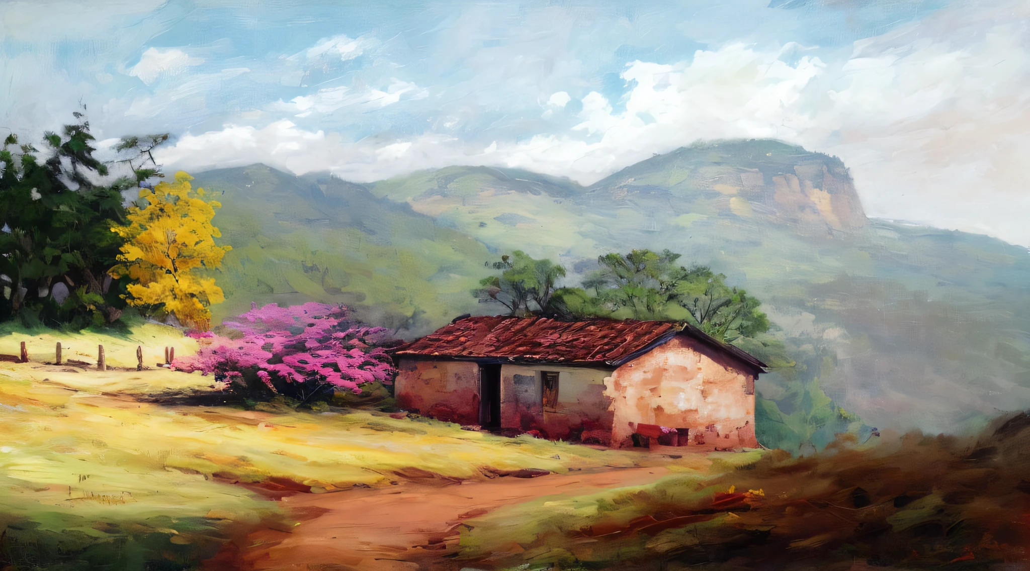 pintura de uma pequena casa em uma estrada com montanhas ao fundo, super realista,8k