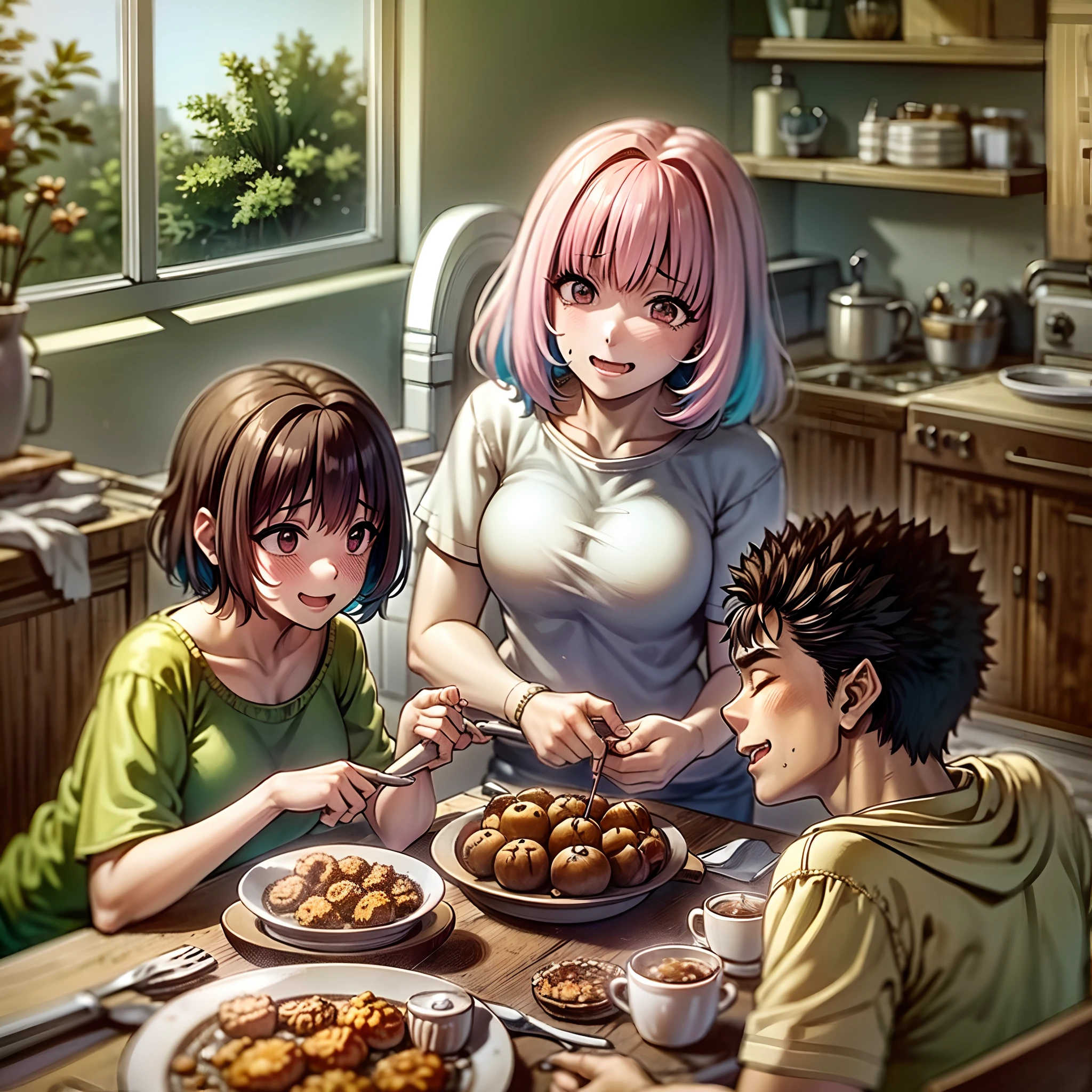 riamu yumemi,guts,couple,husband and wife,riamu motherly,house wife,cooking,mother and son,children,family,happy,(best quality,4k,8k,highres,masterpiece:1.2),ultra-detailed,(photo1.37),joyful,loving,embrace,adorable,cheerful,blissful,togetherness,warmth,smiles,vibrant colors,sunshine,beautifully lit,cosy home,harmonious,family bond,making memories,satisfying meal,homemade food,laughter,motherly affection,playful kids,herb garden,spacious kitchen,life's small joys,dreamy,wholesome,carefree,affectionate gaze,authentic moments,harmony of love and simplicity,unconditional love,tranquil,heartwarming,captured memories,cherished moments,intergenerational love,endless laughter,tight-knit,fond memories,blessed family,treasuring time together,priceless happiness