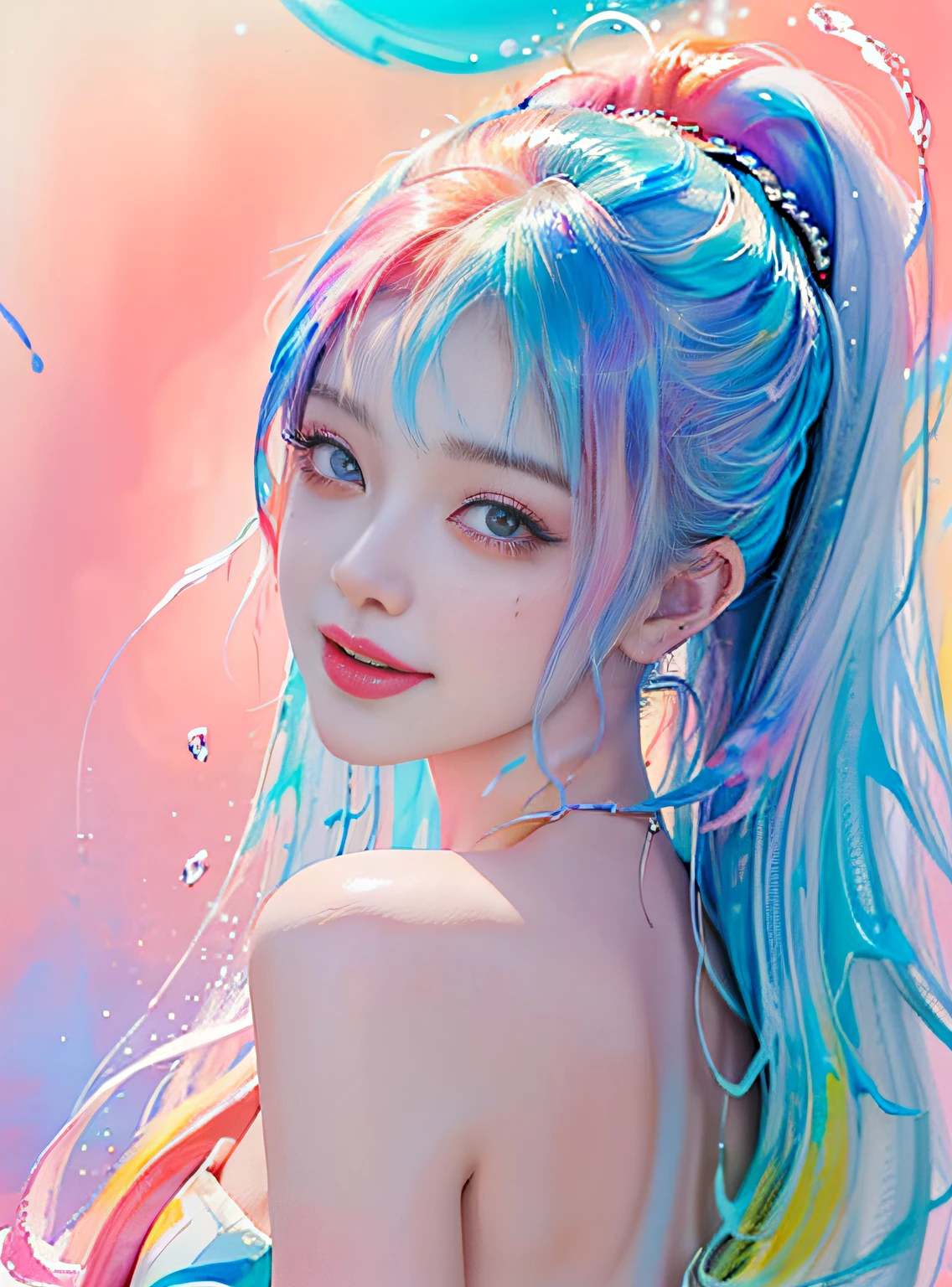 Happy smile when looking at this、18 year old pretty woman、(masterpiece、top-quality、hight resolution)、white backgrounid、((paint splashes、color splashes、Ink splash、color splashes))、、Sweet Asian Girl、rainbow-colored hair、Peach lips、frontage、The upper part of the body