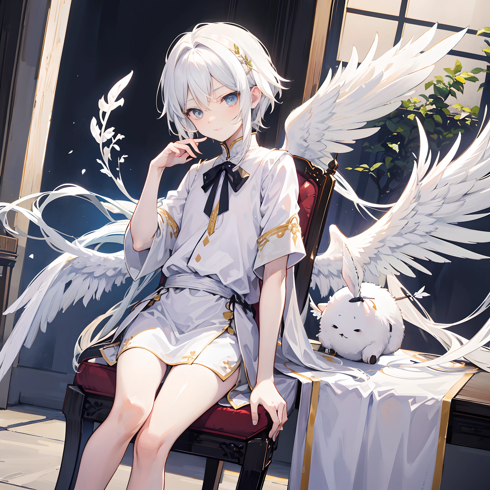 shoun，Little Shota，Libido boy，Solo，Very long sideburns，Short white hair，ancient greek clothes，sit on chair，Cool-headed expression，Six pairs of wings，simple backgound，Blank background