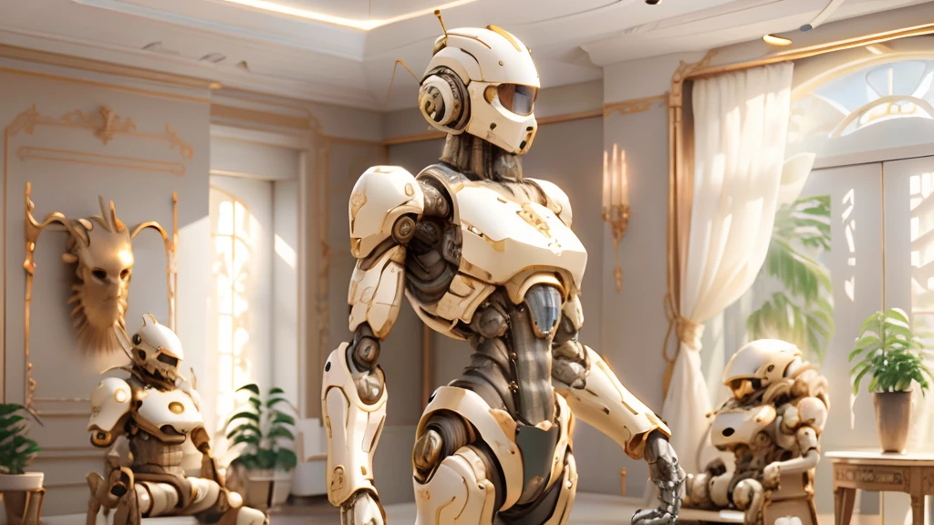 Ivory gold AI robot in the living room，Normal body proportions