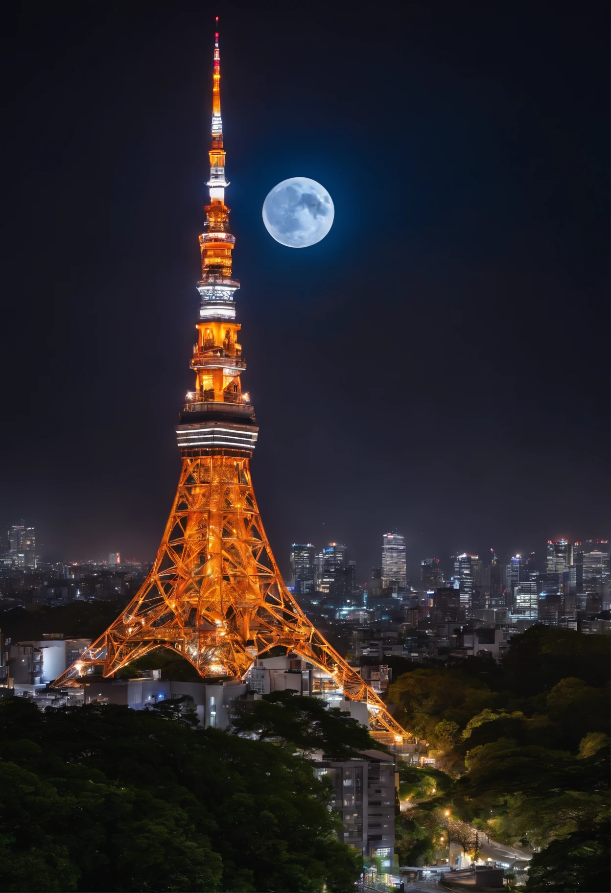 ((Tokyo Tower))Giant crescent moon、high-level image quality、、nighttime scene、Milky Way Galaxy、Andromeda Nebula、tokyo streets、Flowing Lines of Light、Meteor swarm、((Approaching the Moon))、rainy evening、drenching