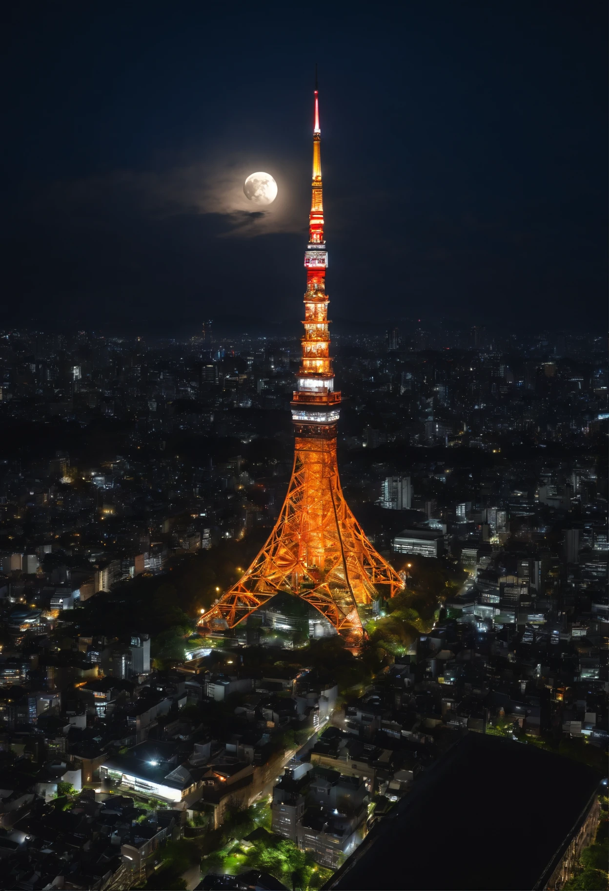 ((Tokyo Tower))Giant crescent moon、high-level image quality、、nighttime scene、Milky Way Galaxy、Andromeda Nebula、tokyo streets、Flowing Lines of Light、Meteor swarm、((Approaching the Moon))、rainy evening、drenching