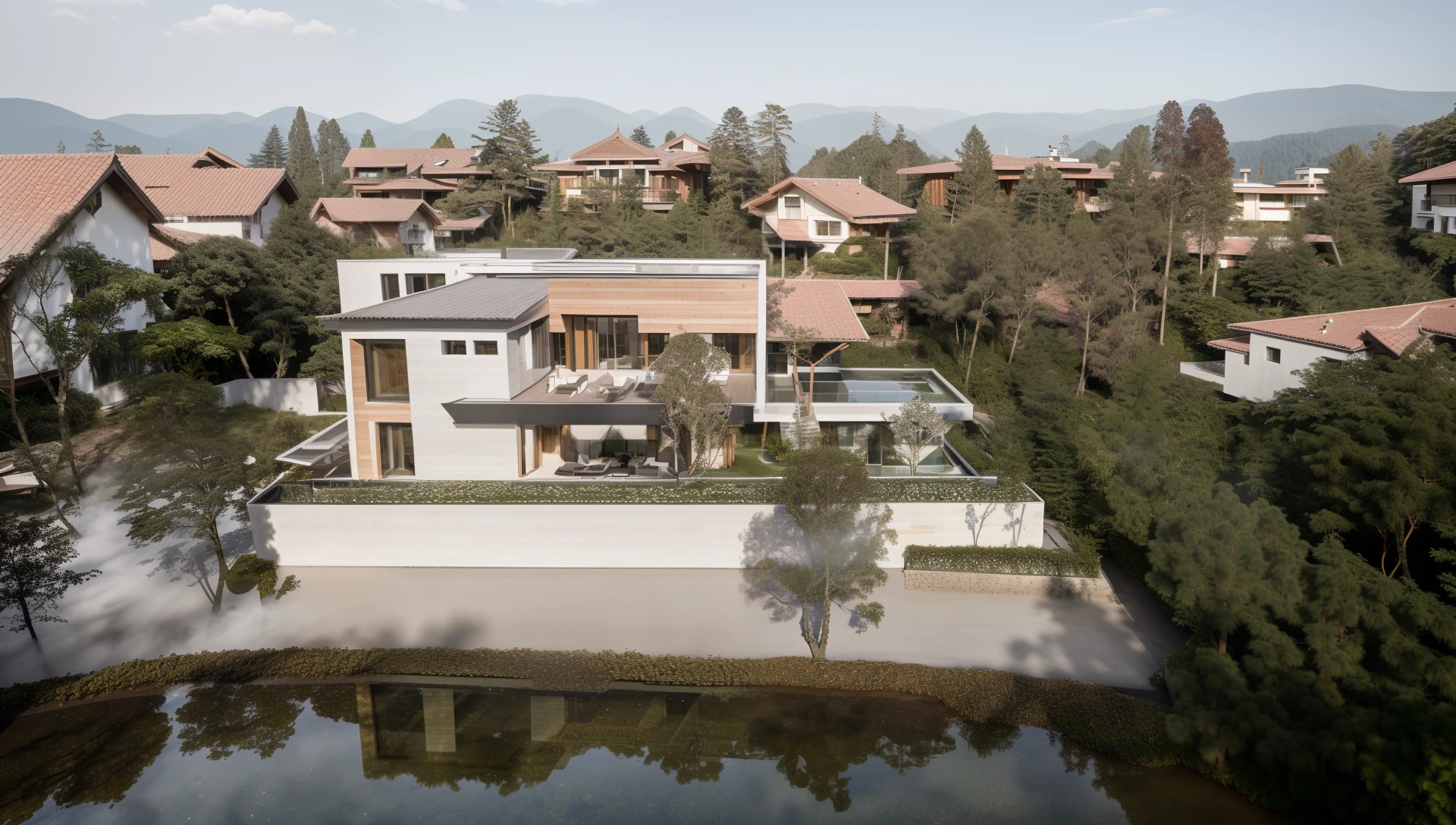 dvArchModern, 85mm, f1.8, portrait, photo realistic, hyperrealistic, orante, super detailed, intricate, dramatic,sunlight lighting, shadows, high dynamic range, (Villa in the forest), Wooden house, masterpiece,best quality,(8k, RAW photo:1.2),(( ultra realistic)),