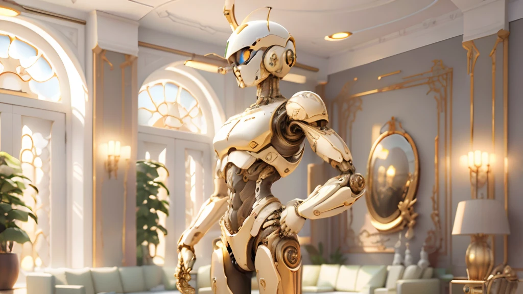 Ivory gold AI robot in the living room，Normal body proportions