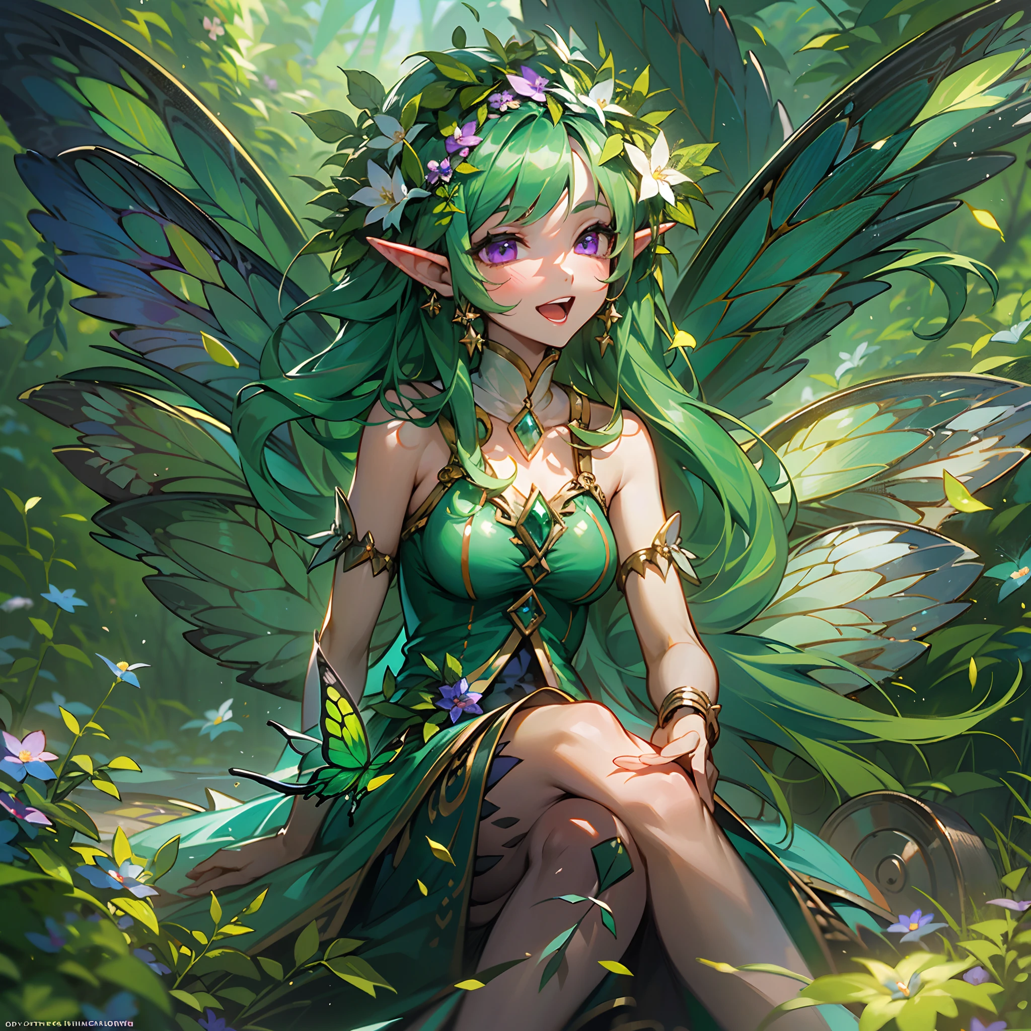 master piece,8K wallpaper,Best quality,Cute,(1girll:1.3),Green hair,Purple eyes,Fairy of young flowers,Leprechauns,(medium breasts),full bodyesbian,Solo,elf,pointy-eared,There is a colorful garland on the head,(elf dress:1.2),(The color of the dress changed from green to purple,This change is bottom-up),(There is a pair of leprechaun wings on the back:1.3)+(The design of the leprechaun wings is a reference to butterfly wings:1.3),youth,laughing joyfully,Very sharp dimensional contrast,The character occupies the middle of the screen,Break!,The character sits sideways on a blooming flower,Magnify the flowers several times,The shot zooms in
