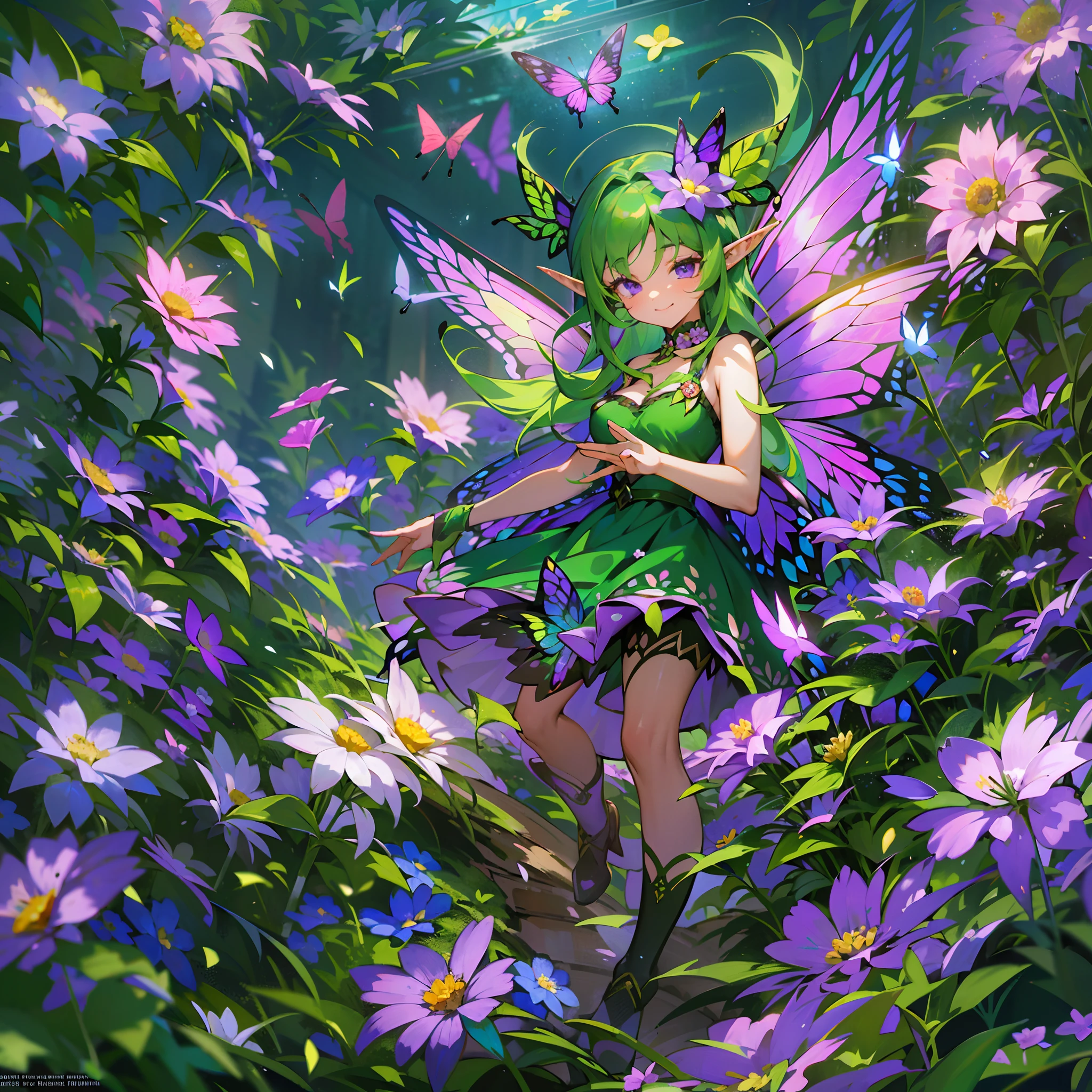 ​master piece,8K wallpaper,Best quality,Cute,(1girll:1.3),Green hair,Purple eyes,Fairy of young flowers,Leprechauns,(medium breasts),full bodyesbian,Solo,elf,pointy-eared,There is a colorful garland on the head,(elf dress：1.2),(The color of the dress changed from green to purple,This change is bottom-up),(There is a pair of leprechaun wings on the back：1.3)+(The design of the leprechaun wings is a reference to butterfly wings：1.3),youth,laughing joyfully,Very sharp dimensional contrast,The character occupies the middle of the screen,Break!,The character sits sideways on a blooming flower,Magnify the flowers several times,The shot zooms in