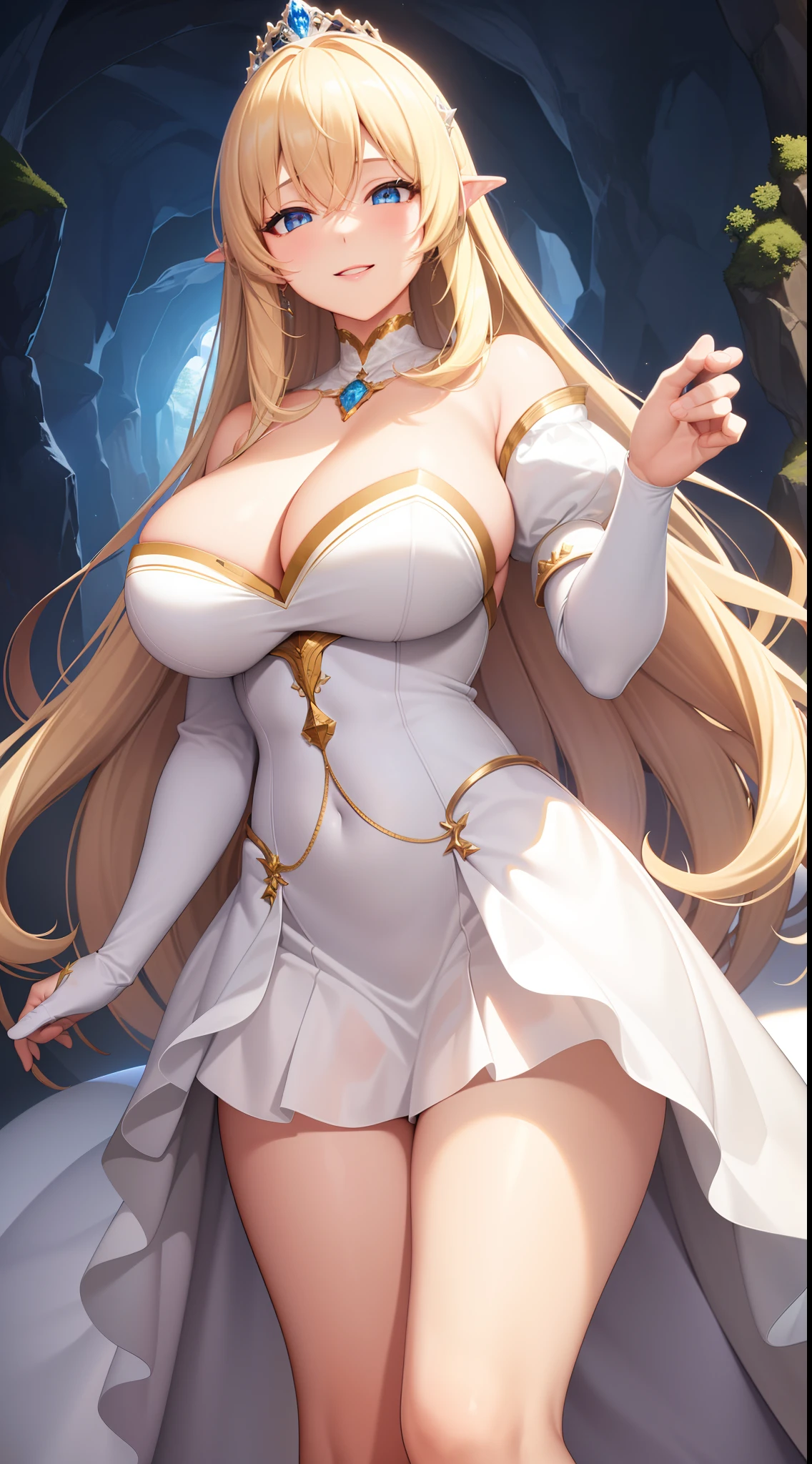 (best quality:1.5, highres, UHD, 4K, detailed lighting, shaders), blonde straight hair, large breasts, (white princess dress, white tiara), cleavage, thighs, skirt, standing, (pov), dark cave background, smiling