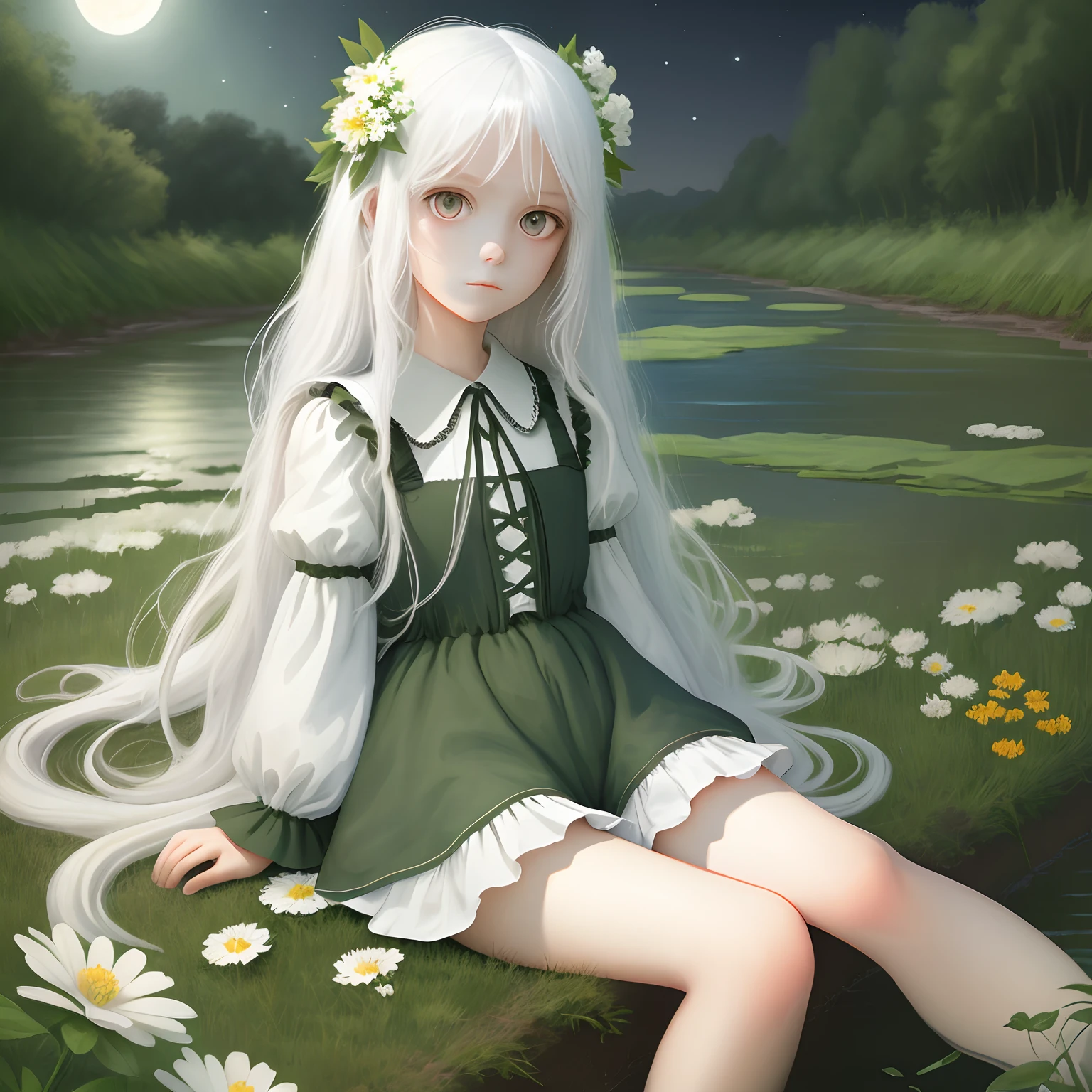(Masterpiece, Top quality), One girl with long white hair sitting in a field of green plants and flowers, warm moonlight, blurryforeground, Loli, river bank, Good shorts, the strange