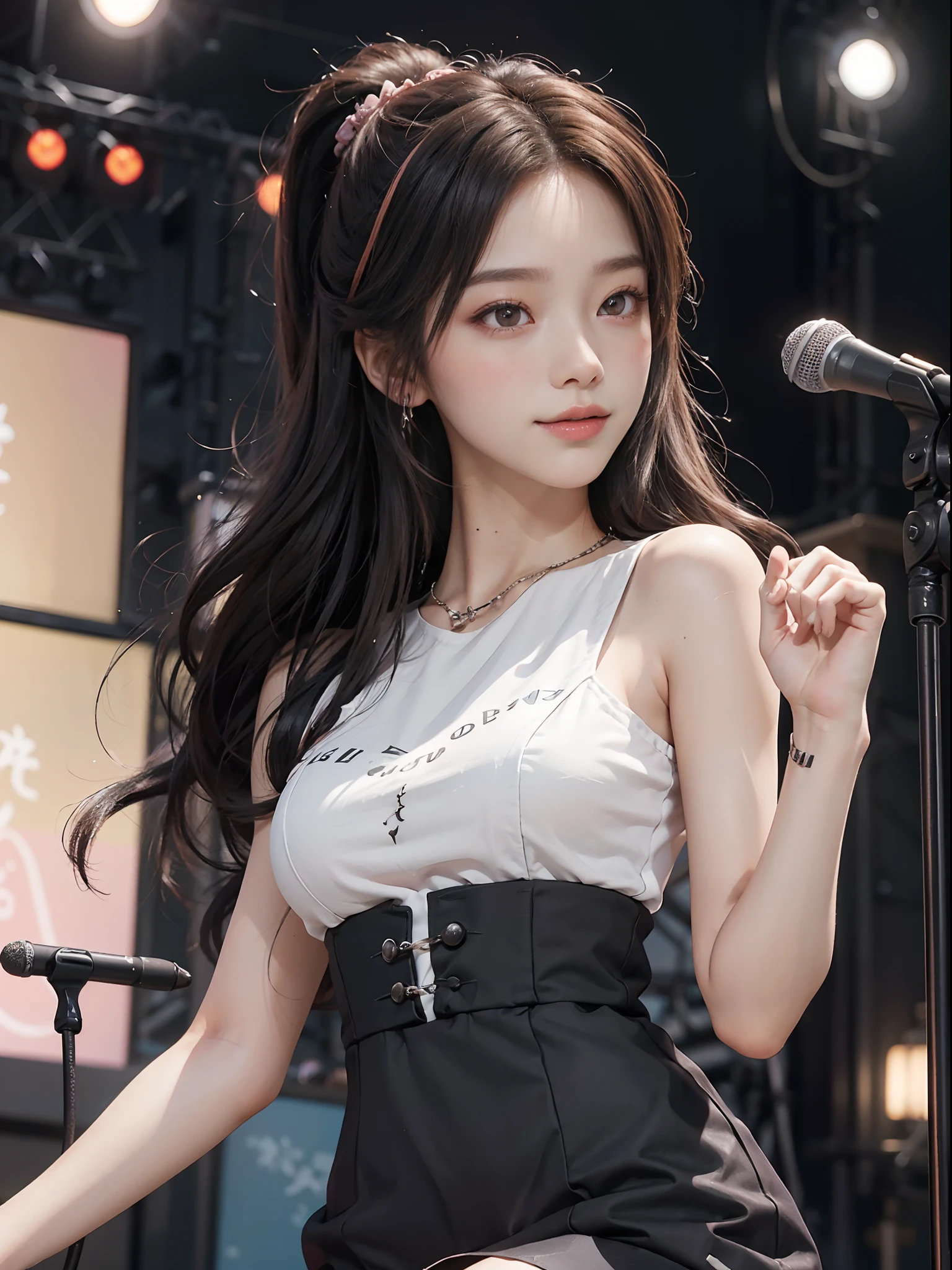 masterpiece, best quality,(masterpiece) , (best quality) , (reality: 1.3) , photorealistic, Octane rendering, (surreal: 1.2) , perfect features, Modern daily, (young female), Original, extremely detailed wallpaper, highly detailed illustrations, (1 Girl, large breast, young girl, twenties), (light smile: 1.5), (perfect female figure), (best lighting), (blush:1.6), (multicolored: 1.5), (super-complex details) , 4K unified, (super-detailed CG: 1.2) , (8K: 1.2), best ratio four finger and one thumb, beautiful detailed eyes, detailed background, ((a close up of a person on a stage with a microphone)), jia, bae suzy, jisoo from blackpink, sun yunjoo, jisoo of blackpink, tzuyu from twice, ((performing on stage)), blackpink jennie, krystal, on stage, kim doyoung, gongbi, iu, jossi of blackpink, on the stage, ((her wardrobe is attractive))