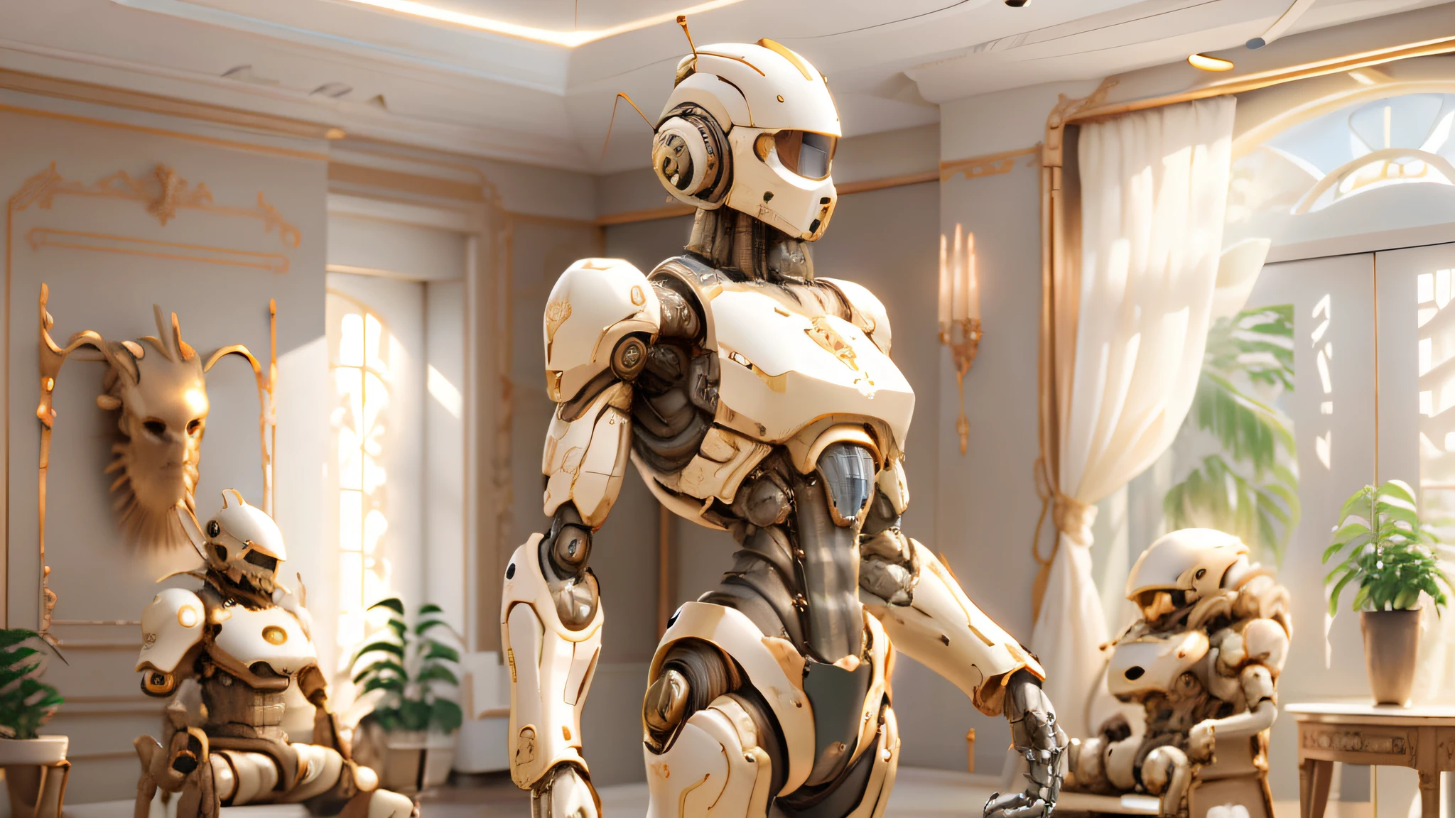 Ivory gold AI robot in the living room,Normal body proportions
