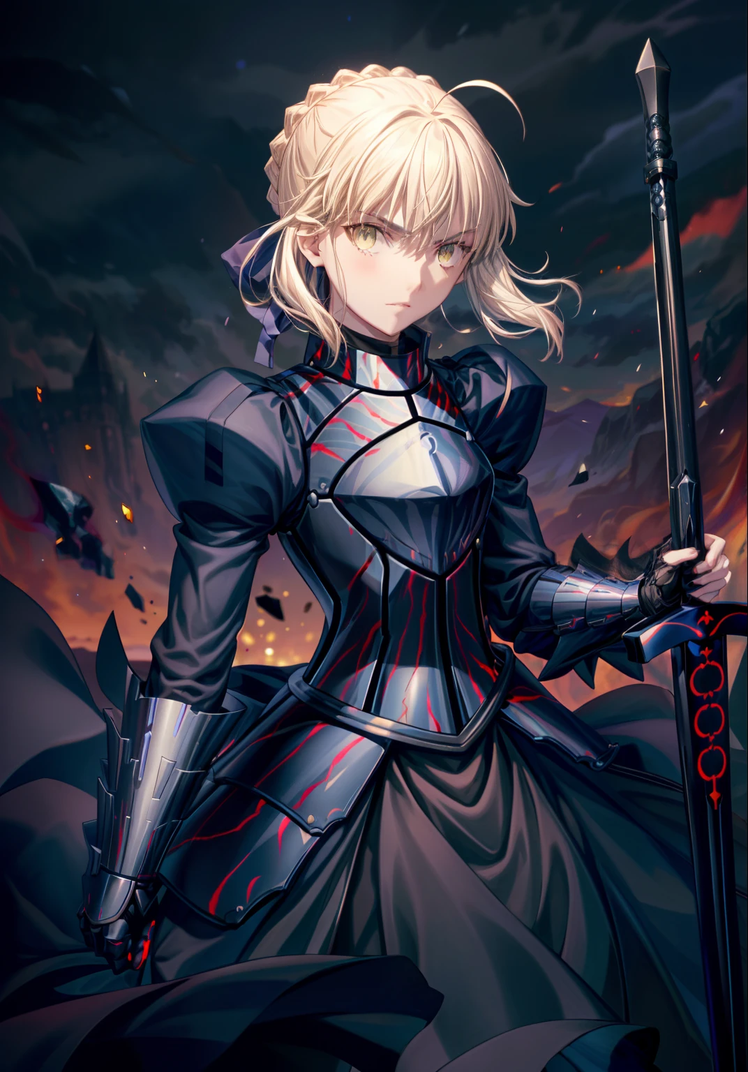 Best quality, Masterpiece, phAlter, phAltoria, 1girll, Solo, Dark weapons, Dark armor dress, Sword of Darkness, view the viewer, Armed with a dark weapon, Dark gloves, Armed with a dark sword, hair between eye, Black dress, chest plate, Black armor, side locks, bangs, french braid, parted lip, Puffy sleeves, Long sleeves, Short hair,