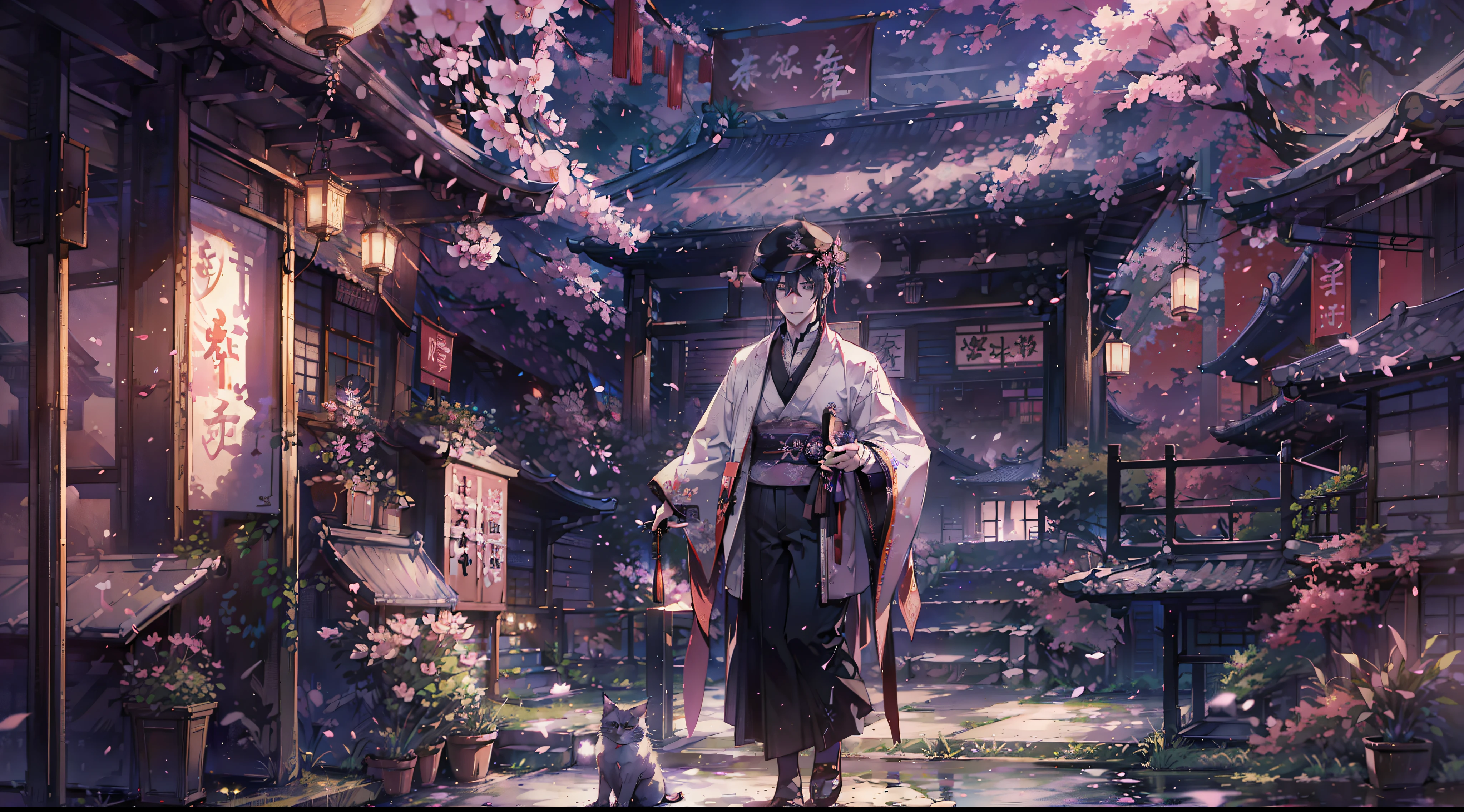 masterpiece、uth、Young man with nervous expression、Young man with a melancholy expression、Young man in withered black suit and hat、Poor figure、Landscape with rusty shades、Old Japan landscape、kyoto、Meiji、Taisho、Taisho romance、stone pavement、Cats、top-quality、hightquality、Highly detailed CG Unity 8K wallpapers、art stations、Digital Illustration、with an intricate、trending、awardwinning photo、depth of fields、nffsw、chromatic abberation、真实感、A highly detailed、trends in the art station、CGsociety Trends、with an intricate、high detal、Dramatic、 8K, 16 K, top-quality, photon maping, Radio City, Photorealsitic, Elaborate CG, Physically Based Rendering, ultra realistic realistic textures, unrealengine5, motion angles、cinematlic lighting, Dramatic Writing, Professional Writing,