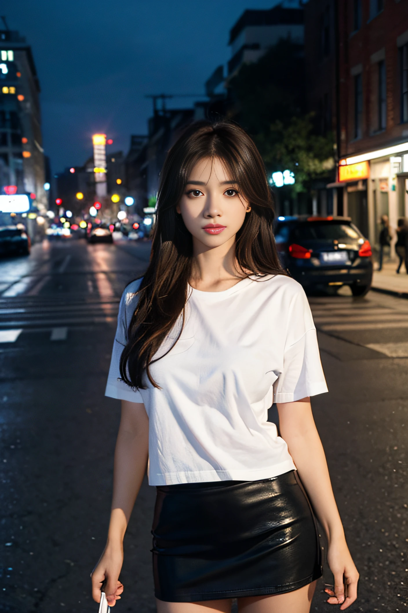 1 Girl,roadside,Soft Light,Chinese Beauty,Short sleeve,Short skirt,Dark-haired