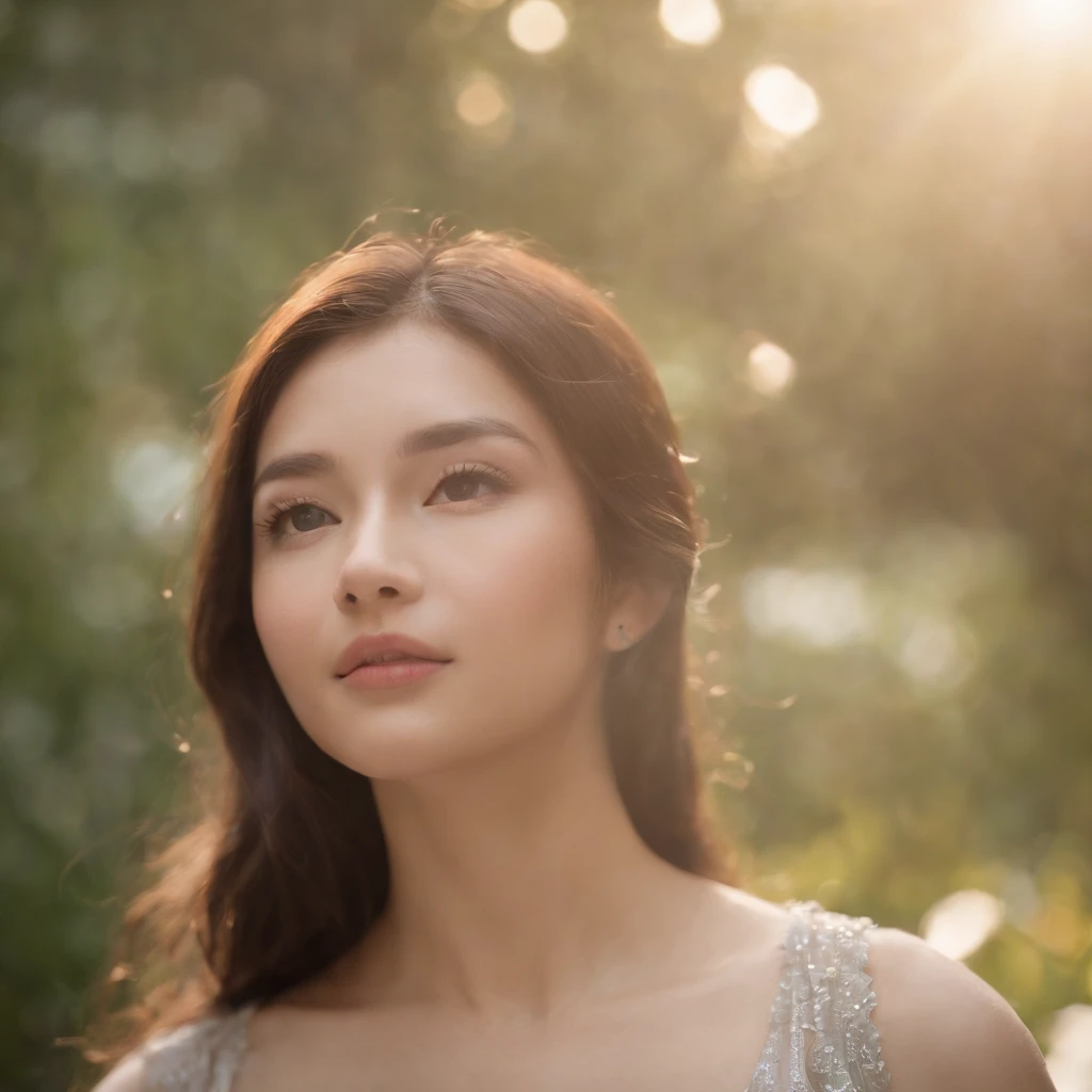 (Keep your eyes open, Eyes look at the sun 1.5), one-girl, head looking up, (Side face 1.5), suns, radiating with light, Romanticism, sparkle, god rays, ray tracing