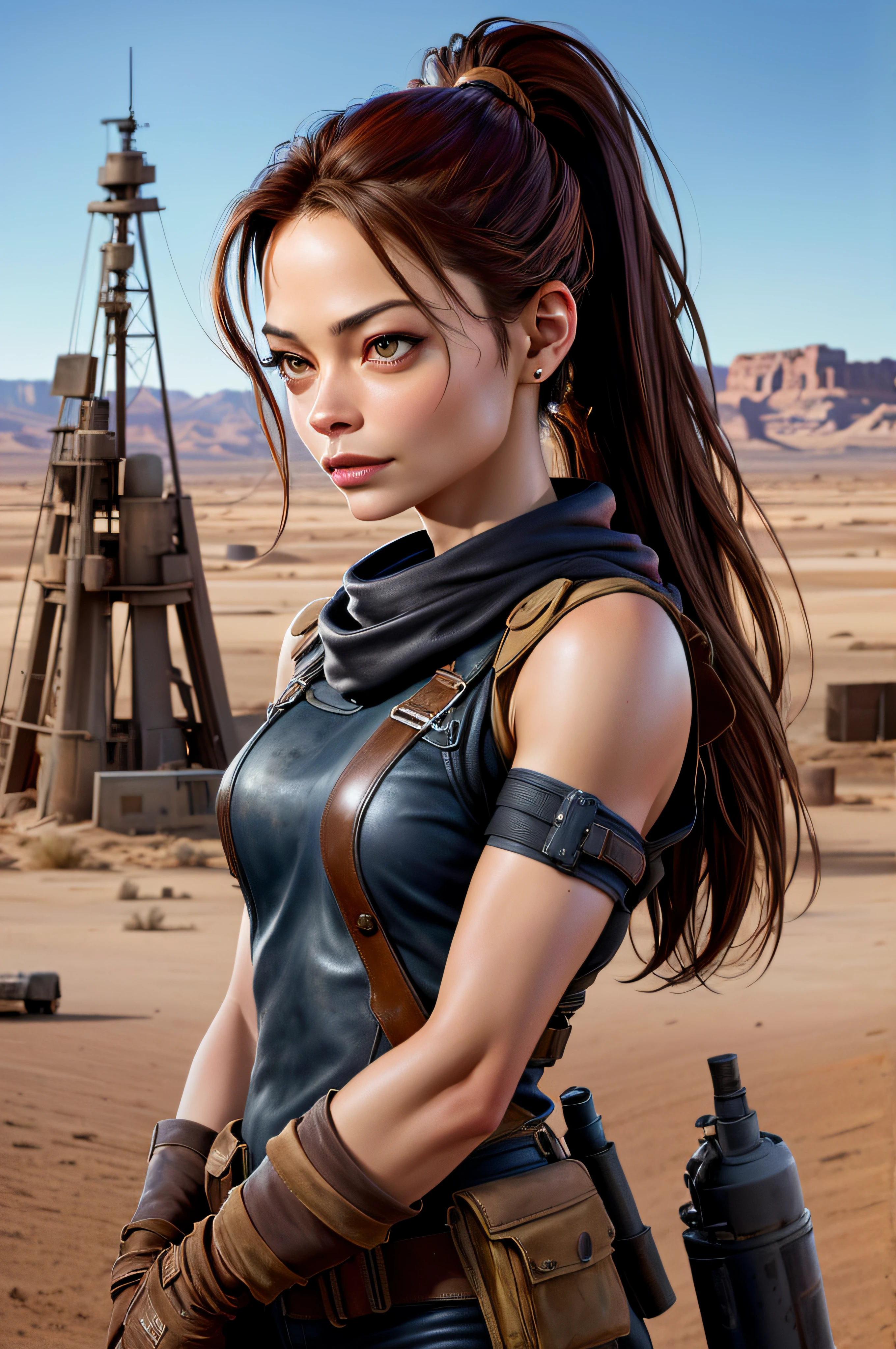 poster, Best quality, best lighting, Kristin Kreuk, ponytail dans une tenue post apocalyptique en cuir noire, desert et rochers, oil well, guns