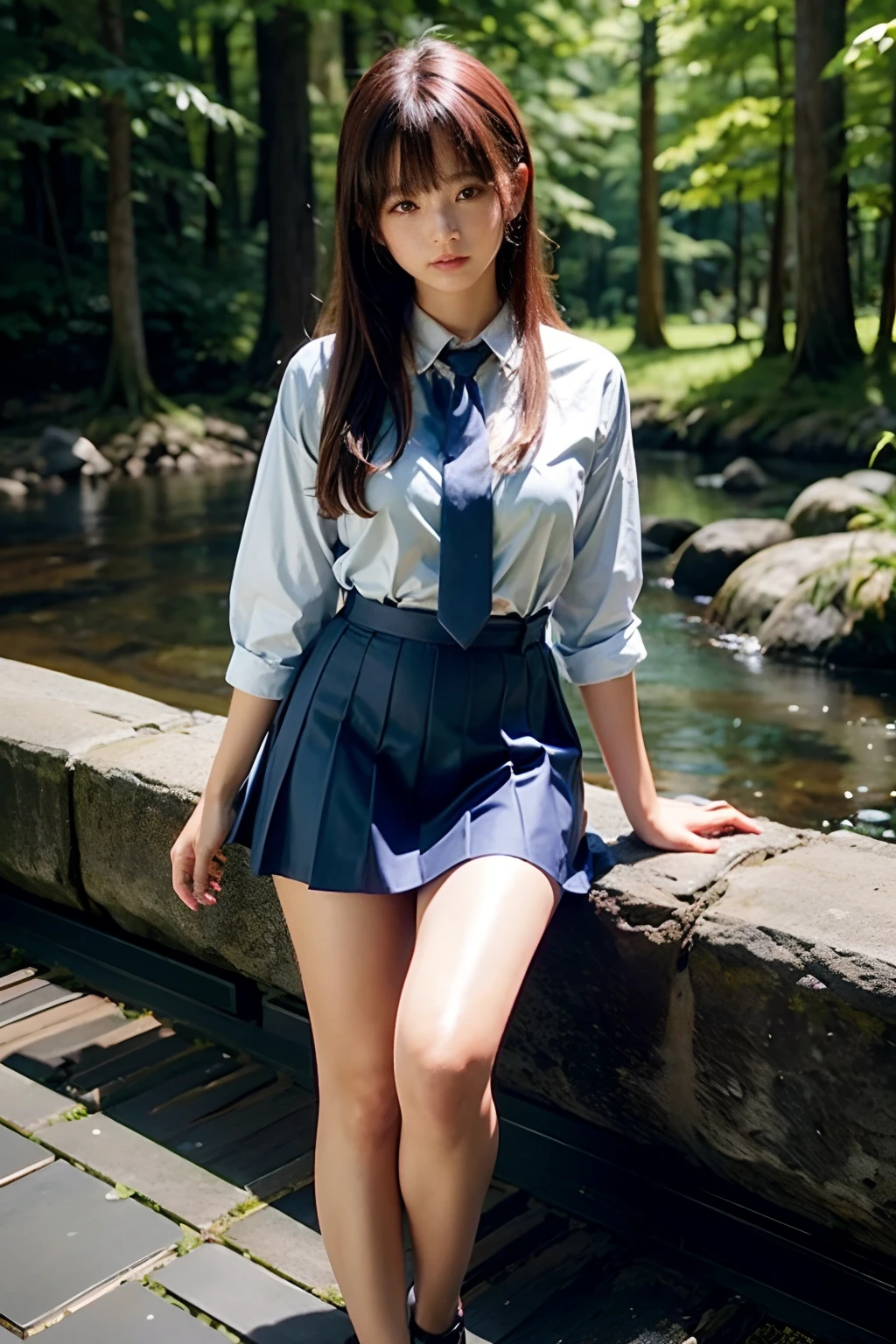 ​masterpiece、high-level image quality、high-detail、8k wallpaper、beautiful expression、kawaii faces、Bright brown eyes、((Double beautiful eyes))、Well-formed face,full body Esbian、Summer uniform、Blue tie、a blue skirt、One Beautiful Girl, hi-school girl、 student、Hairstyle with bangs、great outdoors、Blue swamp in the coniferous forest belt、Beautiful girl walking in the water and coming here、Embarrassment、confusion、Ephemeral、dark sky、side lights、Noise Reduction、Pale and soft light、diffuse glow、