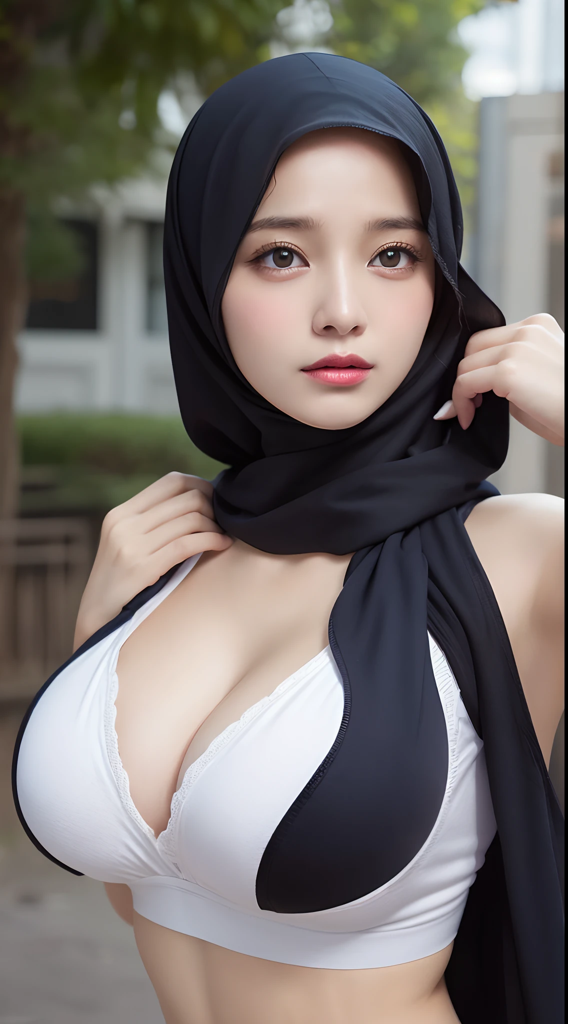 masutepiece, Best Quality, Illustration, Ultra-detailed, finely detail, hight resolution, 8K Wallpaper, Perfect dynamic composition, Beautiful detailed eyes, fitness wear, Natural Color Lip,cleavage, hanging breast, ((exposed breast)), (visible ), (wearing hijab), india face.