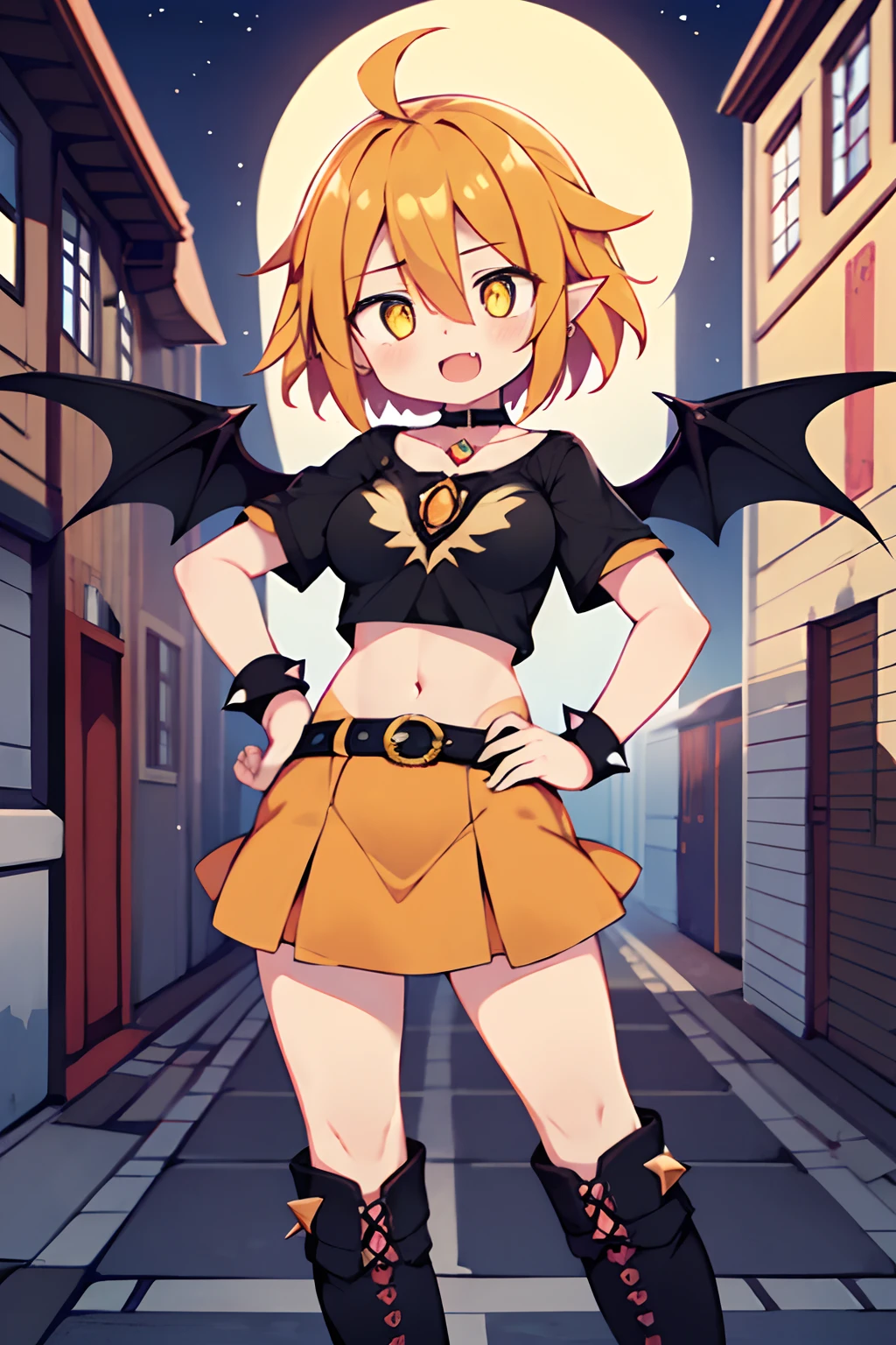 (1girl in:1.2), (Solo:1.2) , Brilliant Textured Work, top-quality, petite, ****, child, 10 year old, black crop top tee, orange miniskirt, black spiky boots, black spiky wristbands, spiky choker, orange hair, short hair, wavy hair, yellow eyes, shiny hair, evil smile, standing, contrapposto, hand on hip, Evil Female Executive, villainess, Evil Fall, darkness, Downtown at night, Concrete roads, large breasts, (empty eyes:1.5), Forcibly fitted gem, corrupted gem , eyeball gem, cracked gem, eyeball implanted breasts, curse seal, parasite eroded gem, veiny tatoo, eroded, bat wings, open mouth, large fang,