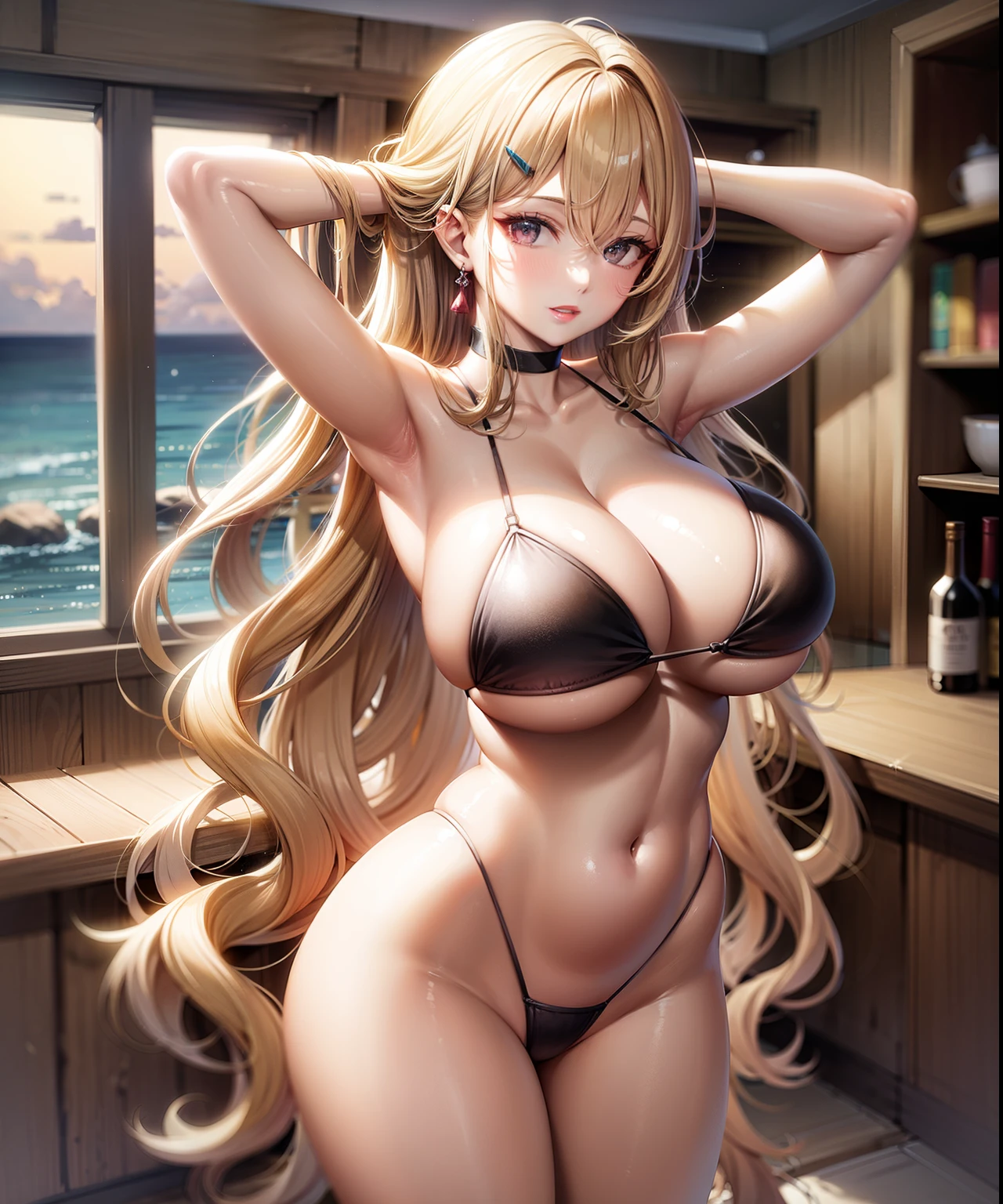 ((8K,tmasterpiece,realisticlying,The most beautifully illustrated),(((Bust photo)))(Hyper-detailing,Ultra-clear,naturey),((Wavy blonde hair with extra-long curls):1.3,choker necklace,ear jewelry,Pink and moist lips,),1 busty girl,the night,In the kitchen,beautiful sea landscapes,Extra-long blonde hair,Blonde coiled hair,Hair is shiny,vivd colour,裸体的女孩,Tube top bikini,Elegant and beautiful hairpins,Wavy black hair,naked leg,Reasonable movements,gigantic cleavage breasts,Slender beautiful legs,Stretch meat,Fair and moisturized skin