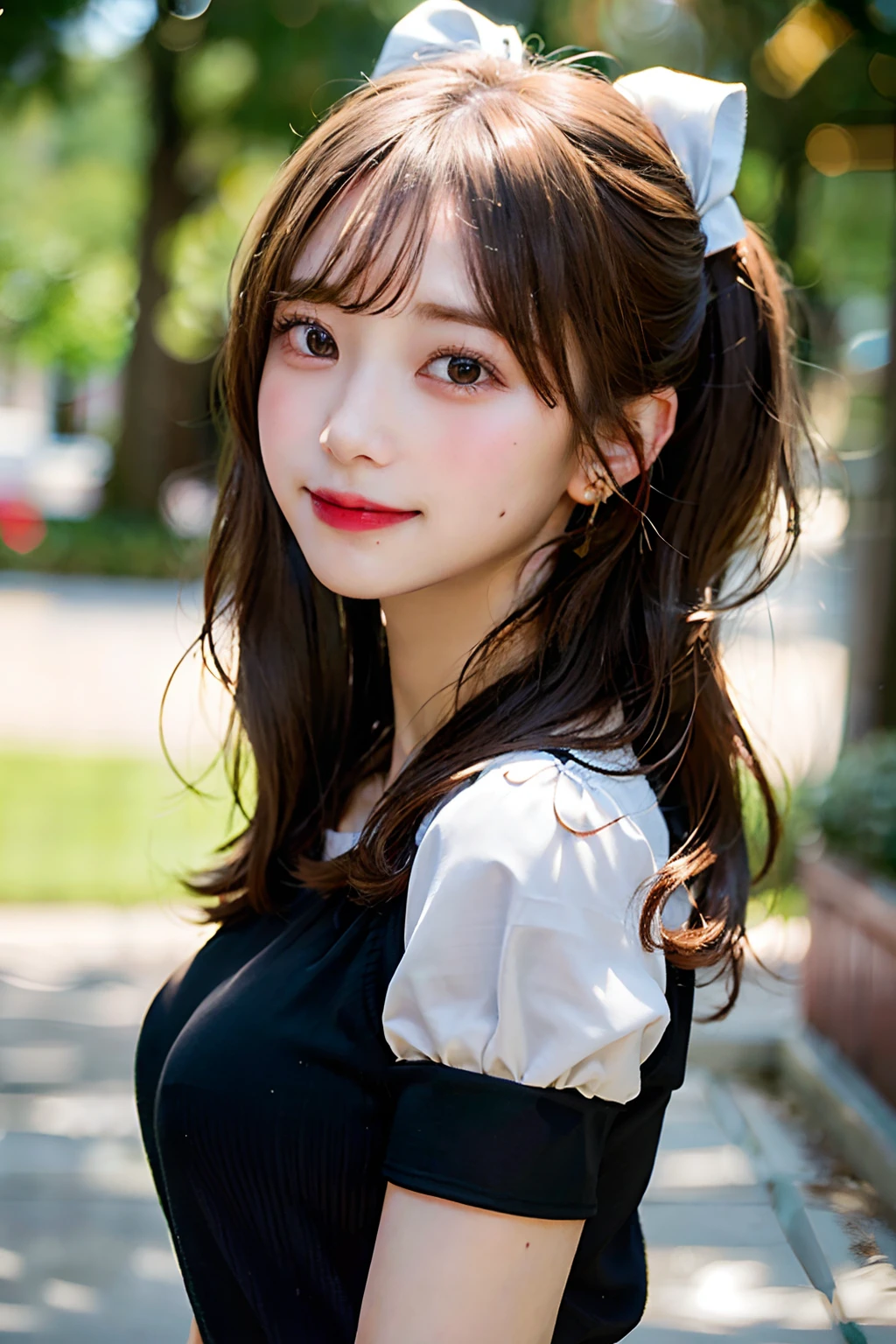 (8k, RAW photos,best quality, high resolution:1.1), (hyperrealistic:1.4),(realistic, photorealistic:1.3), soft light,big breasts,girl,realistic face,realistic body,realistic skin,absurdity,masterpiece,(cute:1.8), cuties, solo, (big breasts:1.2), detailed black eyes,innocent eyes,blusher,(t-shirt:1.2), cinema light,film grain,jewelry,earrings,((Medium hair:1.1)),((Floating Hair Novafrog Style)),cherry colored lips,hair ribbon,hair bow,ponytail,closeup,look viewer,long hair,upper body,open lips,upper teeth, (smiling eyes:0.6),((grinning:1.2)),depth of field, blurred background, eye focus, Bokeh,Young, 85mm Lens, f/1.4,Professional Lighting, Young,Portrait,Photon Mapping,Radiosity,Physically Based Rendering/Braless