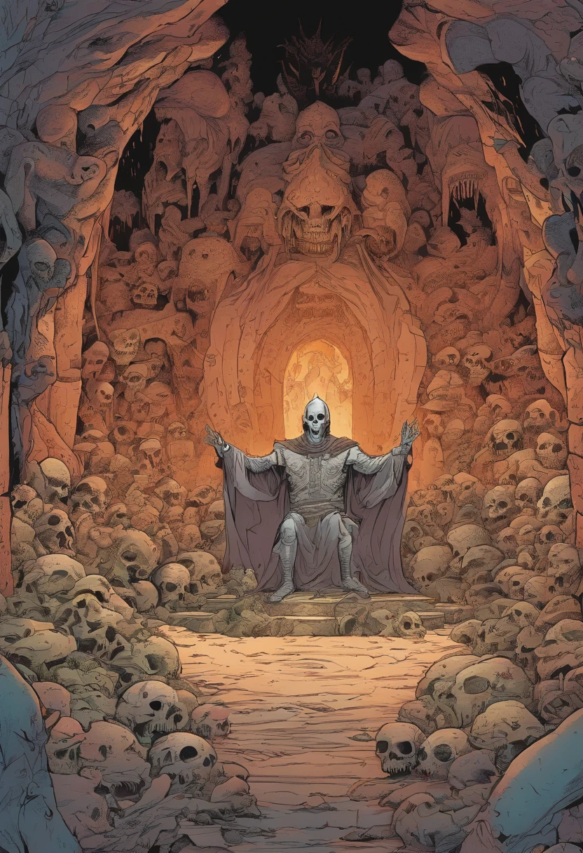 Um demonio das sombras, de forma monstruosa e enorme, sentado em seu trono de luxo, inside a dark cave full of small demons and skulls strewn across the ground