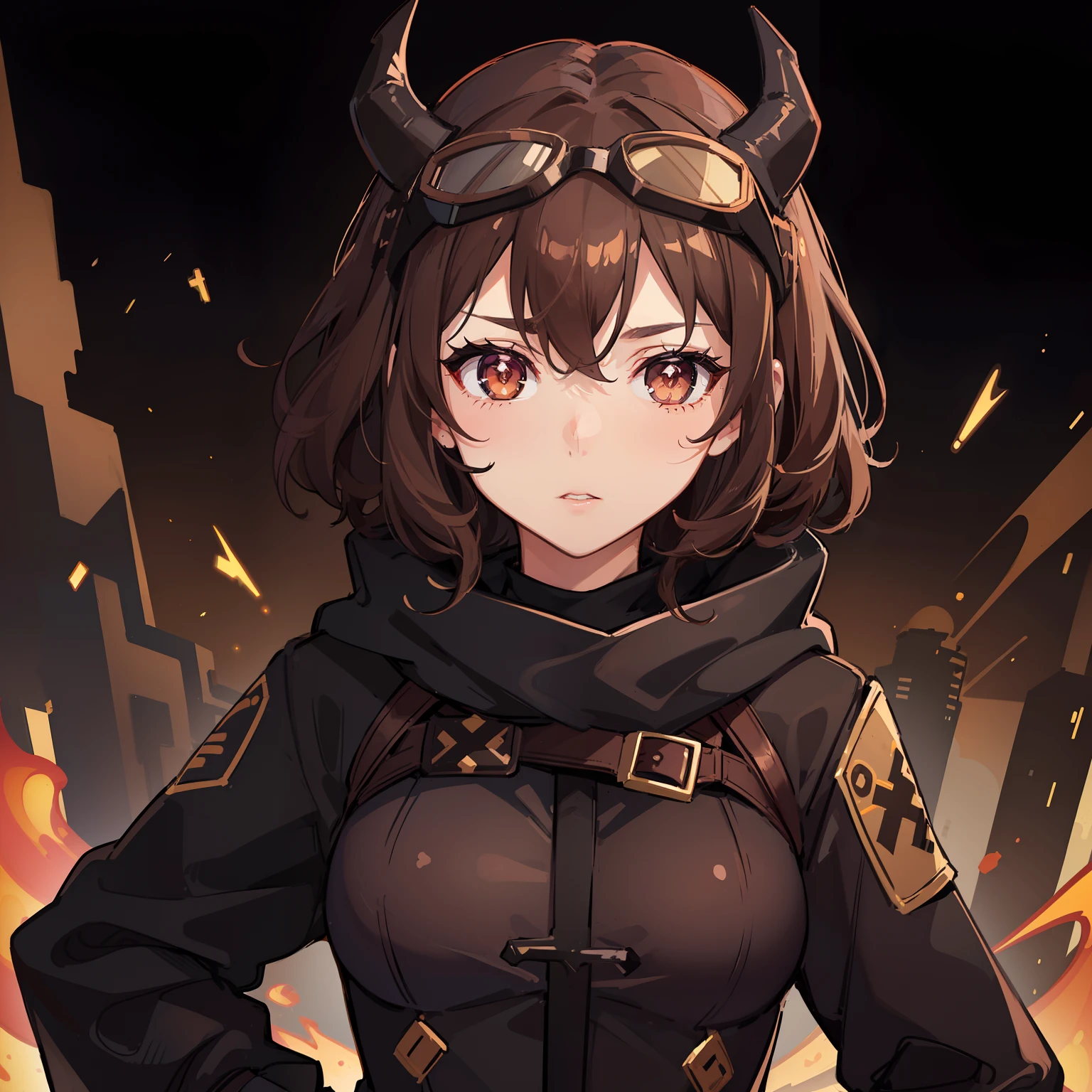 1girl, brown hair, curly hair, brown eyes, (cruciform pupil of the eye:1.1), ((cross-shaped pupils)), short hair, cute, adult, long coat, arknights, succubus horns, glove, medium breasts, (goggles:1.4), scarf, ((draw)), ((glow draw))