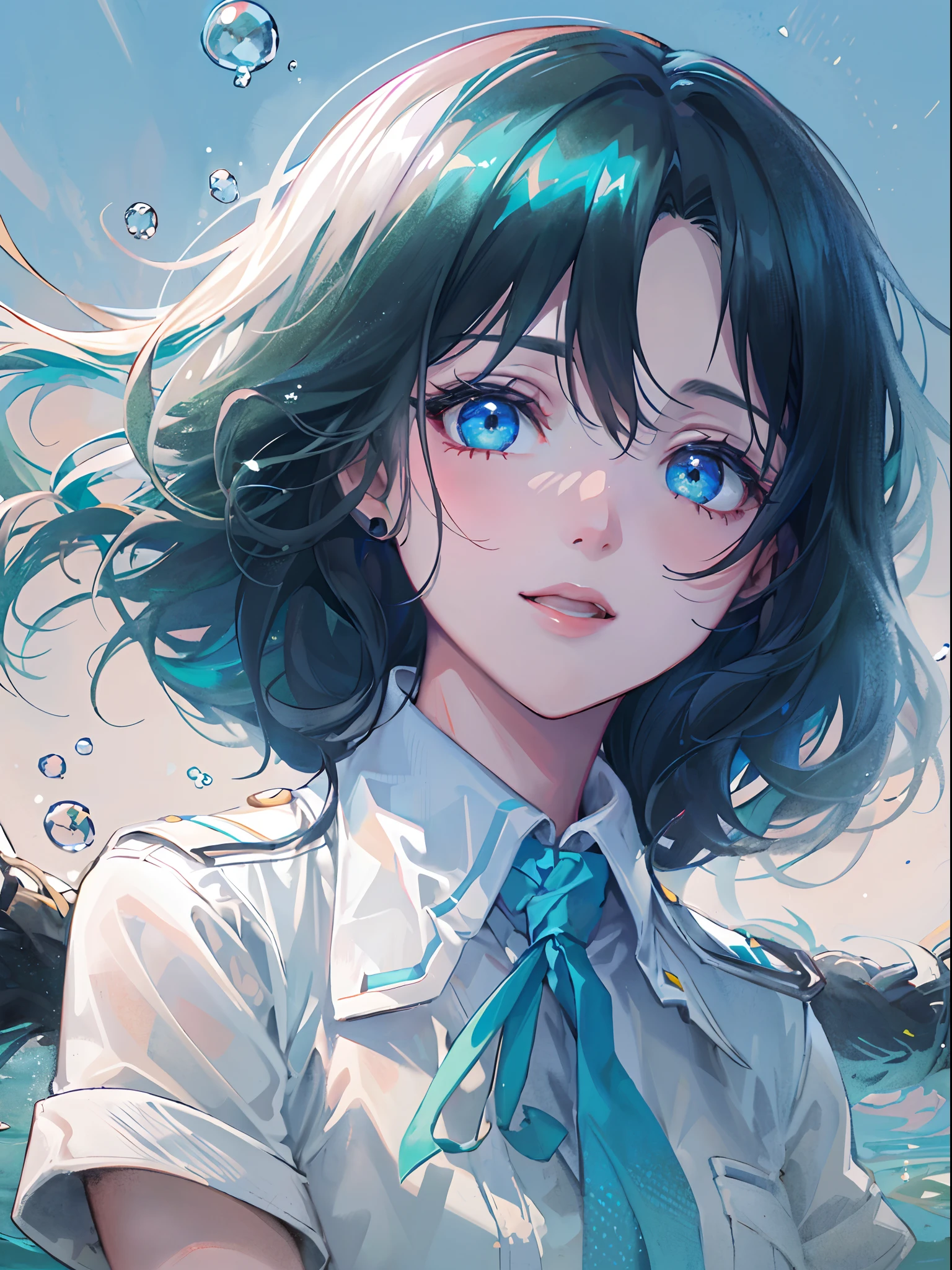 ((top-quality)), ((masterpiece)), ((ultra-detailliert)), (extremely delicate and beautiful), girl with, 独奏, cold attitude,((Black jacket)),She is very(relax)with the(Settled down)Looks,A dark-haired, depth of fields,evil smile,Bubble, under the water, Air bubble,bright light blue eyes,Inner color with black hair and light blue tips,Cold background,Bob Hair - Linear Art, shortpants、knee high socks、White uniform like school uniform、Light blue ribbon ties、Clothes are sheer、Hands in pockets、Bright eyes like sapphires