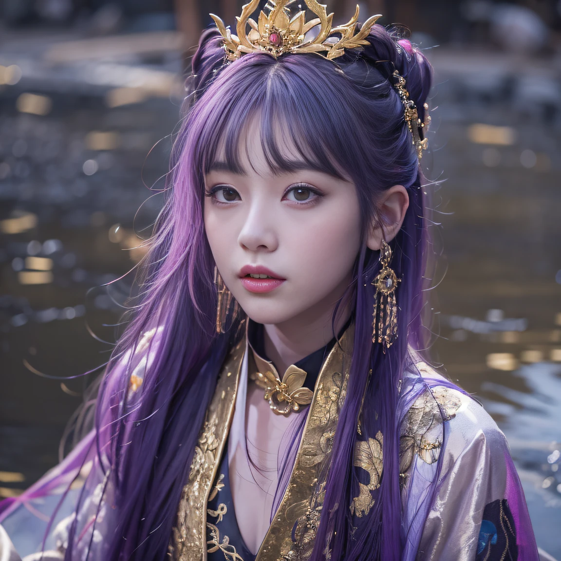 Genki Girl 32K(tmasterpiece,k hd,hyper HD,32K)Long flowing bright purple hair,Autumn Pond,zydink, a color, Asian people (Genki girl), (Black and gold scarf), Combat posture, looking at the ground, long whitr hair, Floating bright purple, Fire cloud pattern gold tiara, Chinese long-sleeved gold silk garment, (Abstract metaverse splash:1.2), white backgrounid,Lotus vitality protector(realisticlying:1.4),Bright purple hair,Smoke on the road,The background is pure, A high resolution, the detail, RAW photogr, Sharp Re, Nikon D850 Film Stock Photo by Jefferies Lee 4 Kodak Portra 400 Camera F1.6 shots, Rich colors, ultra-realistic vivid textures, Dramatic lighting, Unreal Engine Art Station Trend, cinestir 800,A girl with long flowing bright purple hair