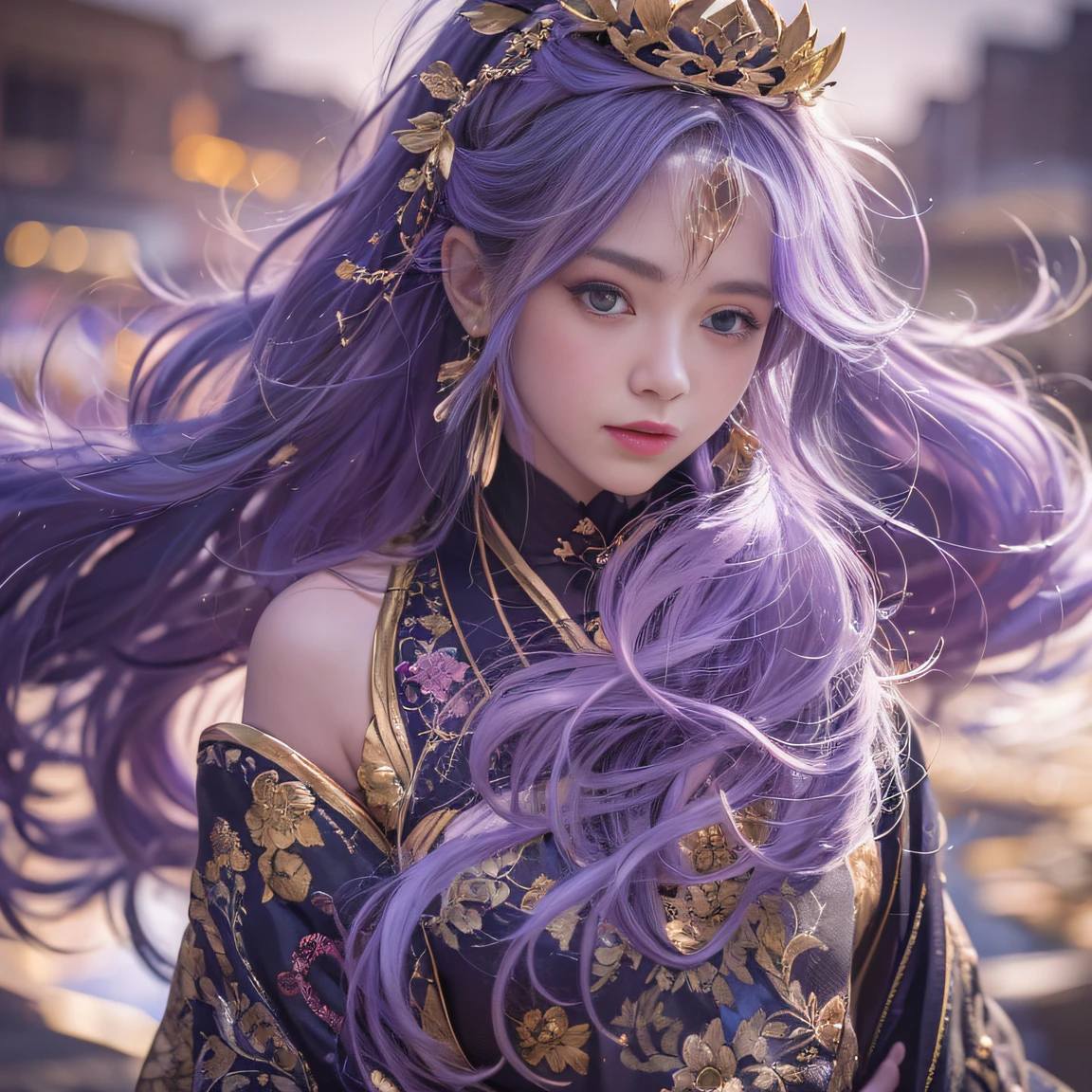 Genki Girl 32K(tmasterpiece,k hd,hyper HD,32K)Long flowing bright purple hair,Autumn Pond,zydink, a color, Asian people (Genki girl), (Black and gold scarf), Combat posture, looking at the ground, long whitr hair, Floating bright purple, Fire cloud pattern gold tiara, Chinese long-sleeved gold silk garment, (Abstract metaverse splash:1.2), white backgrounid,Lotus vitality protector(realisticlying:1.4),Bright purple hair,Smoke on the road,The background is pure, A high resolution, the detail, RAW photogr, Sharp Re, Nikon D850 Film Stock Photo by Jefferies Lee 4 Kodak Portra 400 Camera F1.6 shots, Rich colors, ultra-realistic vivid textures, Dramatic lighting, Unreal Engine Art Station Trend, cinestir 800,A girl with long flowing bright purple hair
