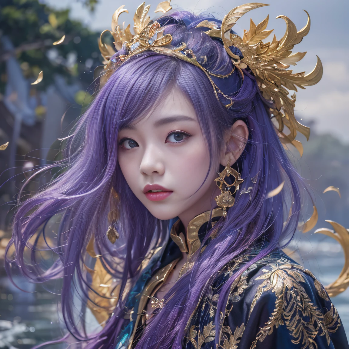 Genki Girl 32K（tmasterpiece，k hd，hyper HD，32K）Long flowing bright purple hair，Autumn Pond，zydink， a color， Asian people （Genki girl）， （Black and gold scarf）， Combat posture， looking at the ground， long whitr hair， Floating bright purple， Fire cloud pattern gold tiara， Chinese long-sleeved gold silk garment， （Abstract metaverse splash：1.2）， white backgrounid，Lotus vitality protector（realisticlying：1.4），Bright purple hair，Smoke on the road，The background is pure， A high resolution， the detail， RAW photogr， Sharp Re， Nikon D850 Film Stock Photo by Jefferies Lee 4 Kodak Portra 400 Camera F1.6 shots, Rich colors, ultra-realistic vivid textures, Dramatic lighting, Unreal Engine Art Station Trend, cinestir 800，A girl with long flowing bright purple hair