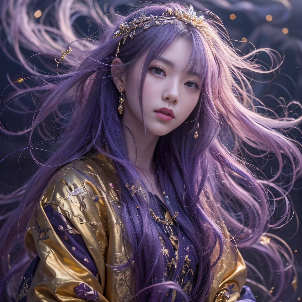 Genki Girl 32K(tmasterpiece,k hd,hyper HD,32K)Long flowing bright purple hair,Autumn Pond,zydink, a color, Asian people (Genki girl), (Black and gold scarf), Combat posture, looking at the ground, long whitr hair, Floating bright purple, Fire cloud pattern gold tiara, Chinese long-sleeved gold silk garment, (Abstract metaverse splash:1.2), white backgrounid,Lotus vitality protector(realisticlying:1.4),Bright purple hair,Smoke on the road,The background is pure, A high resolution, the detail, RAW photogr, Sharp Re, Nikon D850 Film Stock Photo by Jefferies Lee 4 Kodak Portra 400 Camera F1.6 shots, Rich colors, ultra-realistic vivid textures, Dramatic lighting, Unreal Engine Art Station Trend, cinestir 800,A girl with long flowing bright purple hair