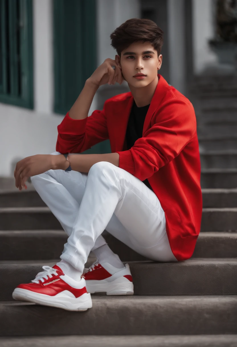 handsome boy on school side, wearing cool outfit, ultra realistic human, male, wear bue white red outfit black neon pant, white red blue shoes neon , round face male, round face,