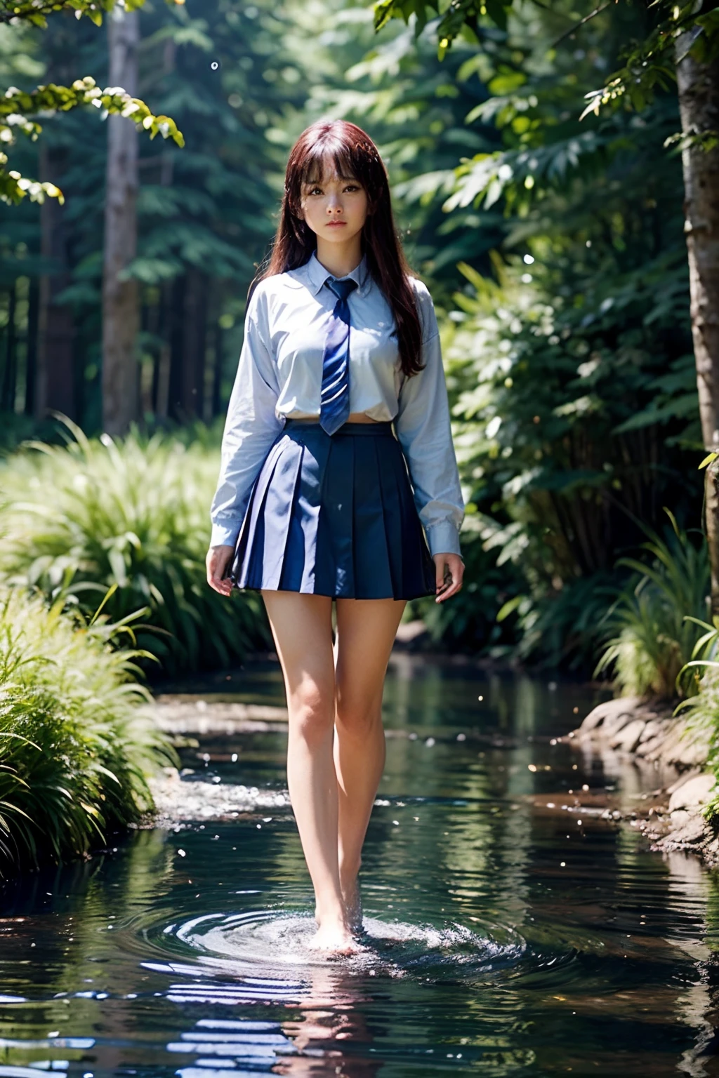 ​masterpiece、high-level image quality、high-detail、8k wallpaper、beautiful expression、kawaii faces、Bright brown eyes、((Double beautiful eyes))、Well-formed face,full body Esbian、Summer uniform、Blue tie、a blue skirt、One Beautiful Girl, hi-school girl、15yo student、Hairstyle with bangs、great outdoors、Blue swamp in the coniferous forest belt、Beautiful girl walking in the water and coming here、Embarrassment、confusion、Ephemeral、dark sky、side lights、Noise Reduction、Pale and soft light、diffuse glow、