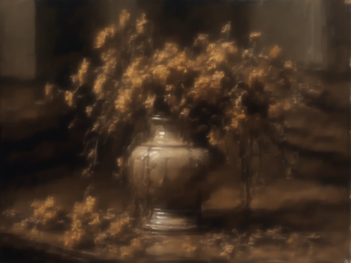 an artistic painting , ((impressionism_painting style)) , 8k , hyper detailed ,(( Masterpiece)) , work of art , ((A vase with withered flowers on the table : 3)) and( a candle next to the vase). The table and chairs should be in an old house and ((((behind it there is a window to a green garden)))