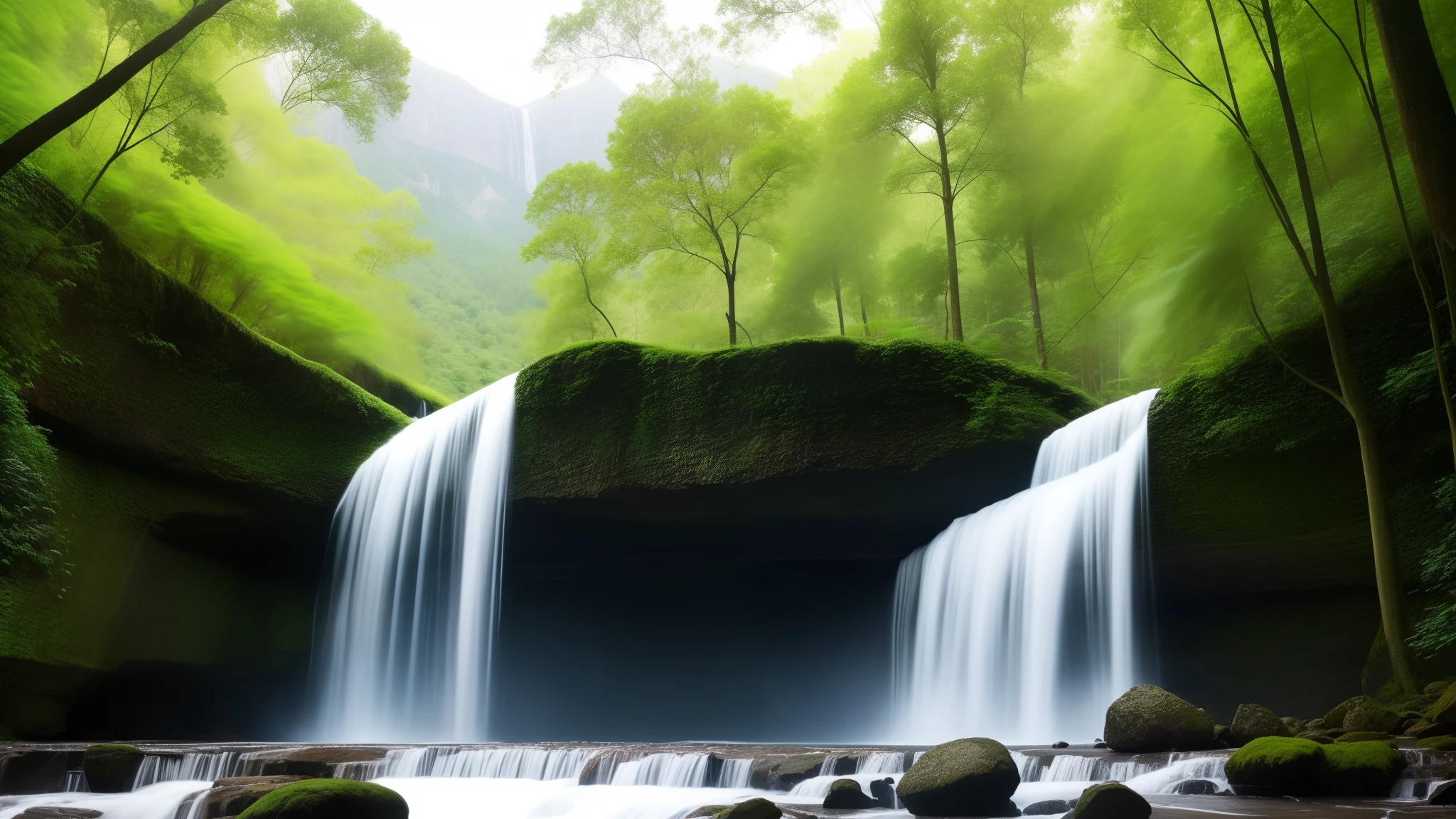 large glass windows mountains big trees waterfalls