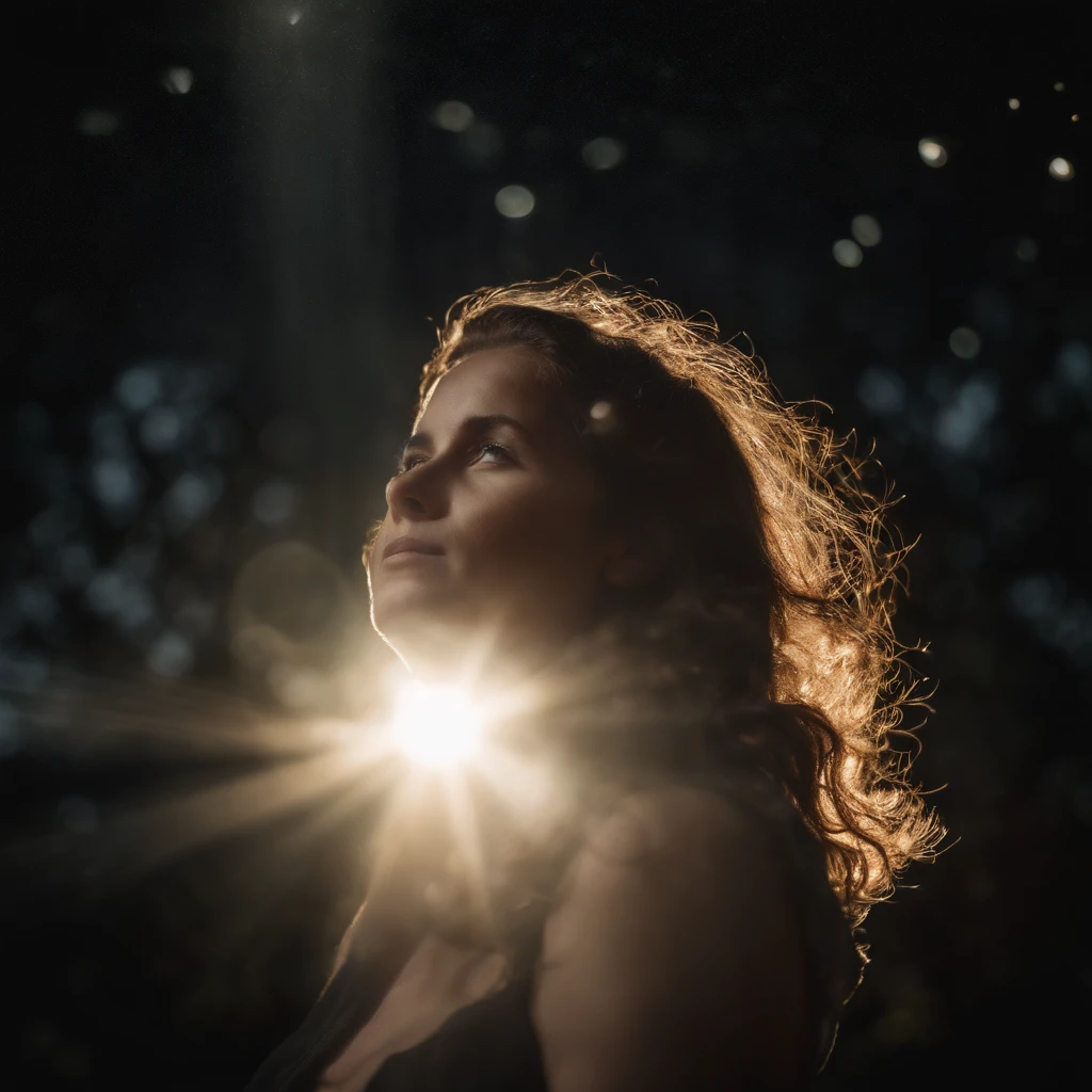 head looking up, Eyes look at the sun, Romanticism, sparkle, god rays, ray tracing